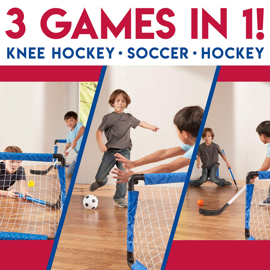 Franklin Sports Indoor Mini Goal Sports Set - 3 In 1 Kids Indoor Goal Set - Indoor Mini Floor Hockey, Knee Hockey, And Mini Socc