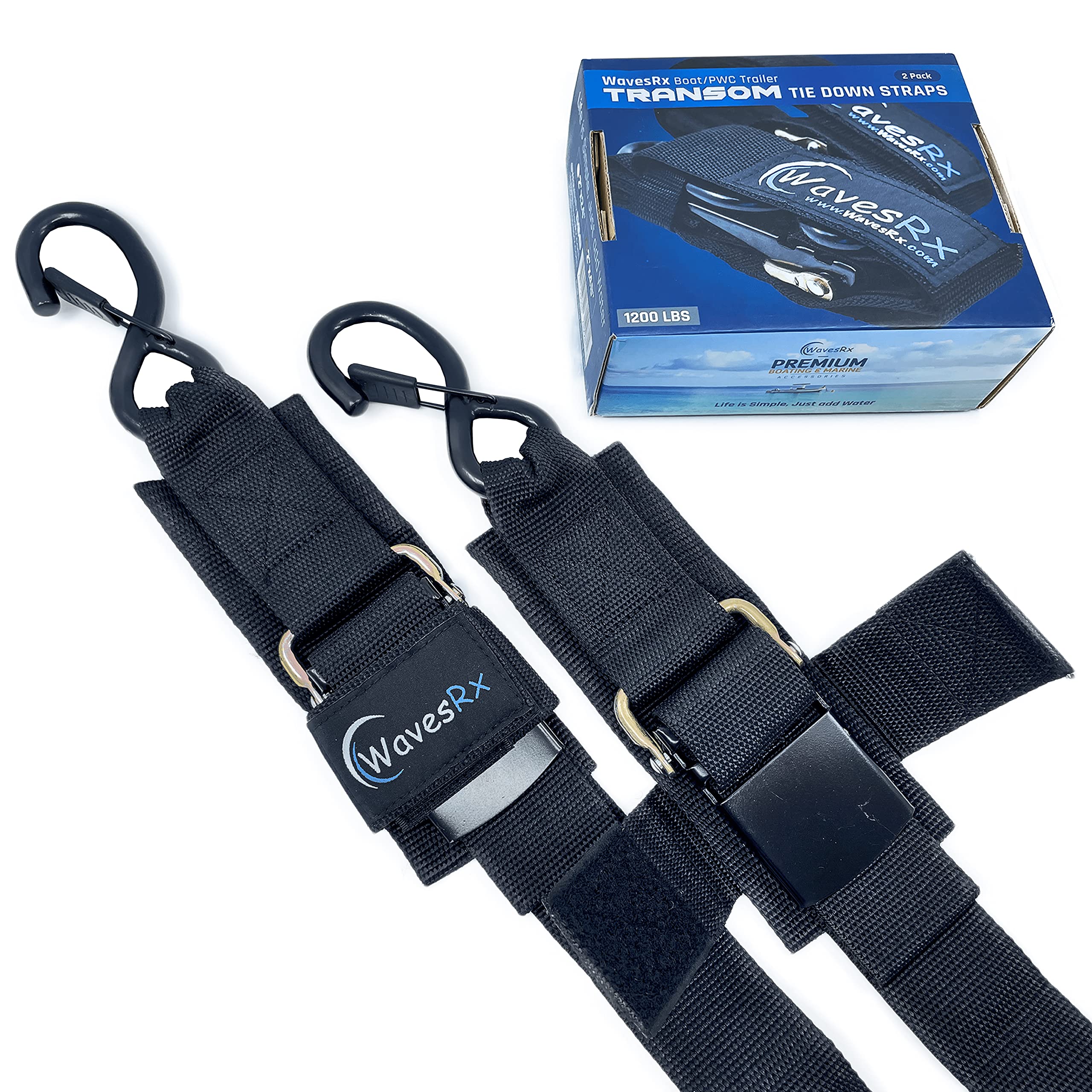 Wavesrx Boat & Pontoon Trailer Transom Straps (2Pk)  48'' Marine Tie Downs Adjustable Safety Straps  Outperforms Ratcheting & Re