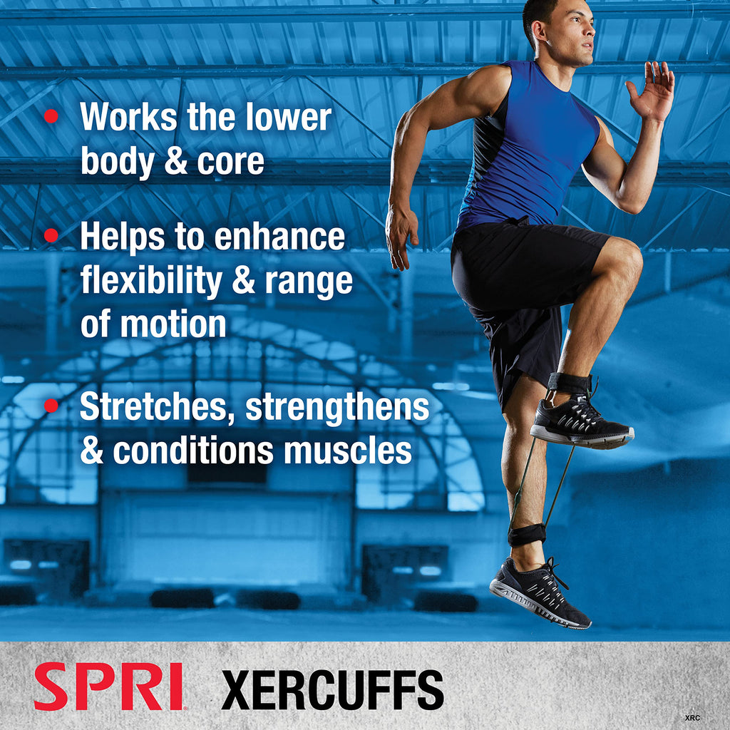Spri Xercuff Leg Resistance Band Exercise Cord With Non-Slip Padded Ankle Cuffs, Green, Light