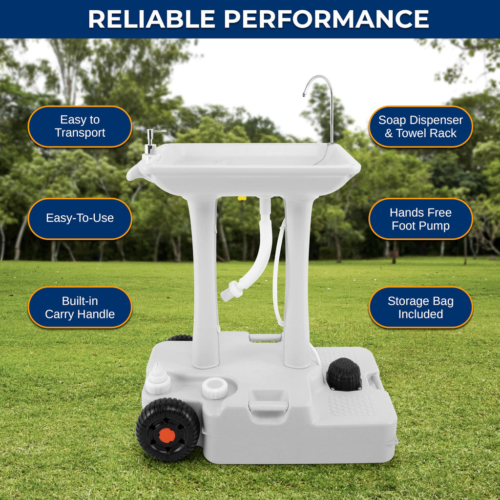 Serenelife Slcasn25 Portable Camping Sink W/Towel Holder & Soap Dispenser-30L Water Capacity Hand Wash Basin Stand W/Rolling Whe