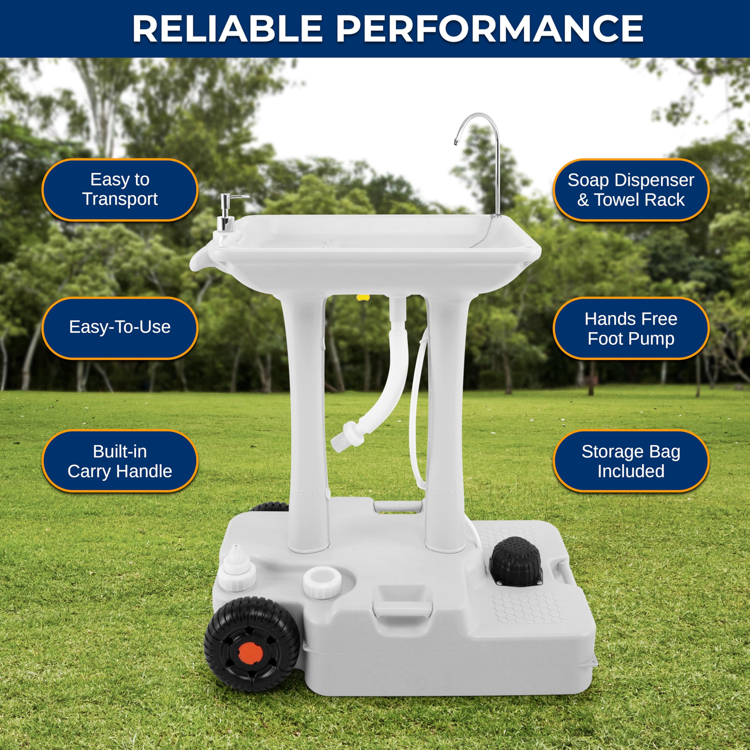 Serenelife Slcasn25 Portable Camping Sink W/Towel Holder & Soap Dispenser-30L Water Capacity Hand Wash Basin Stand W/Rolling Whe