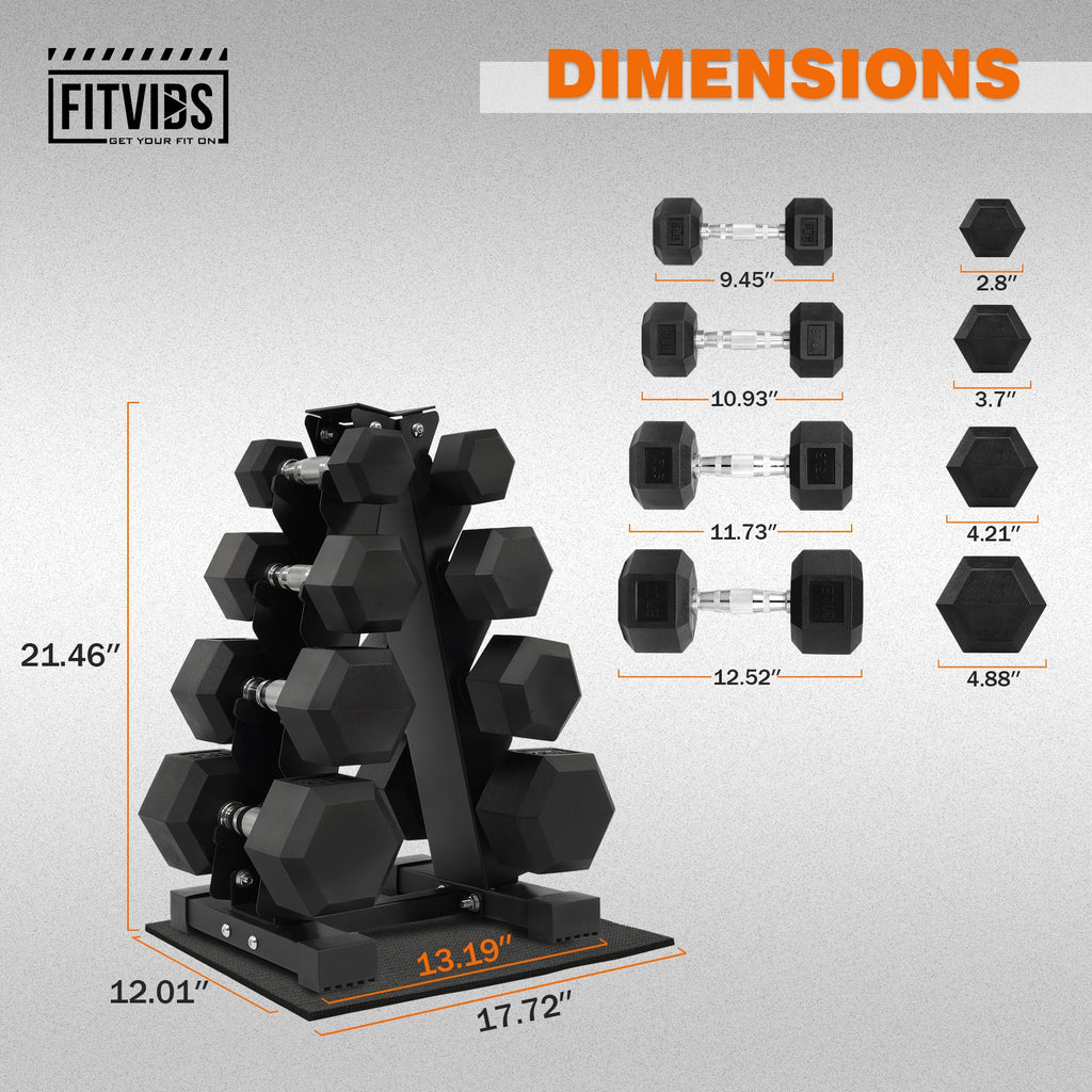 Fitvids 100 LB Rubber Coated Hex Dumbbell Set with Storage Rack, 5-25LB Hand Weight Set with Anti-Slip Grip for Home Gym