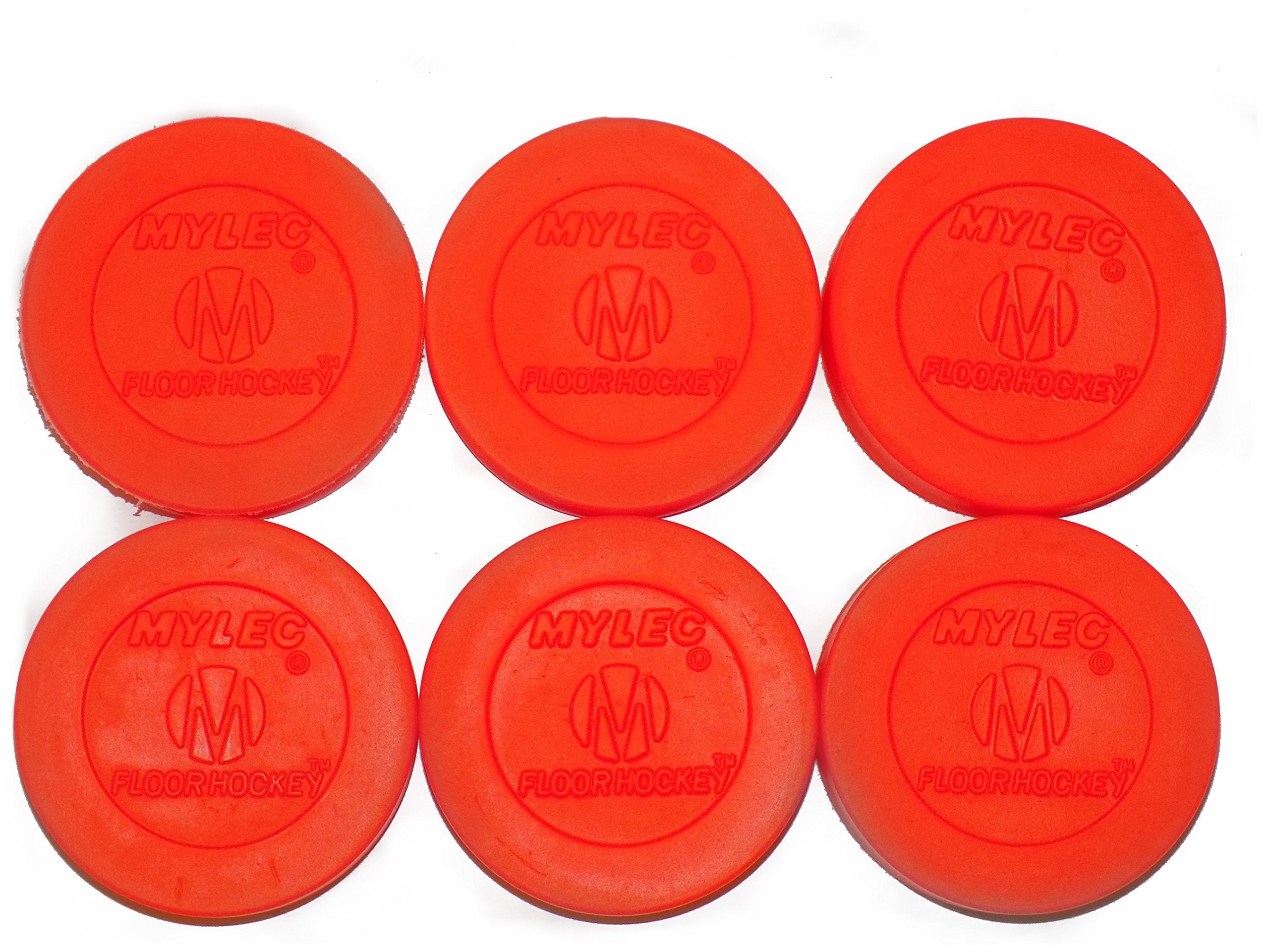Mylec Hockey Pucks for Indoor & Outdoor Hockey, Lightweight Hollow Plastic Pucks for Street Hockey, (Orange, Pack of 6)