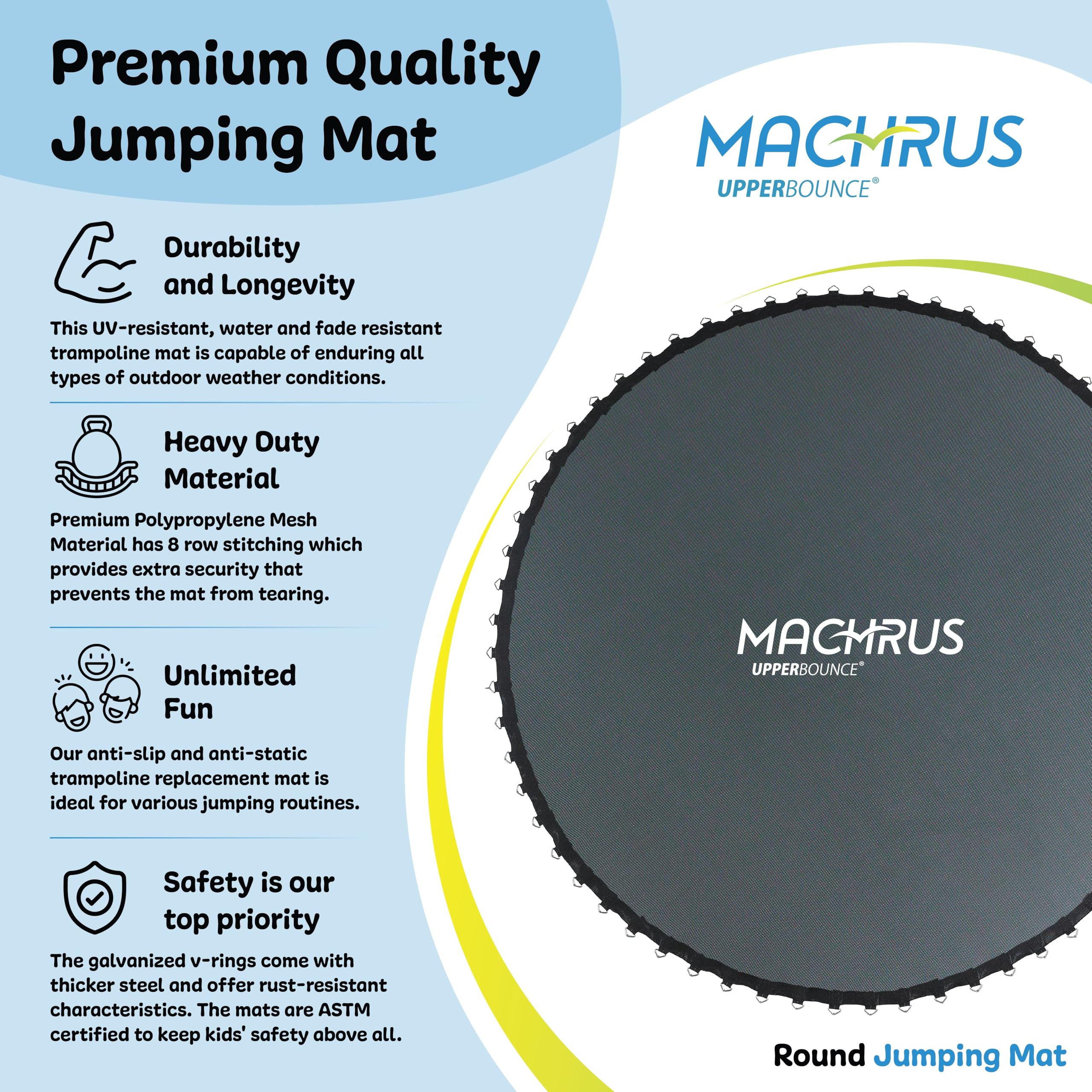 Upper Bounce Machrus Trampoline Replacement Mat 7.5Ft 8Ft 10Ft 11Ft 12Ft 13Ft 14Ft 15Ft 16Ft With V-Rings - Uv & Water Resistant