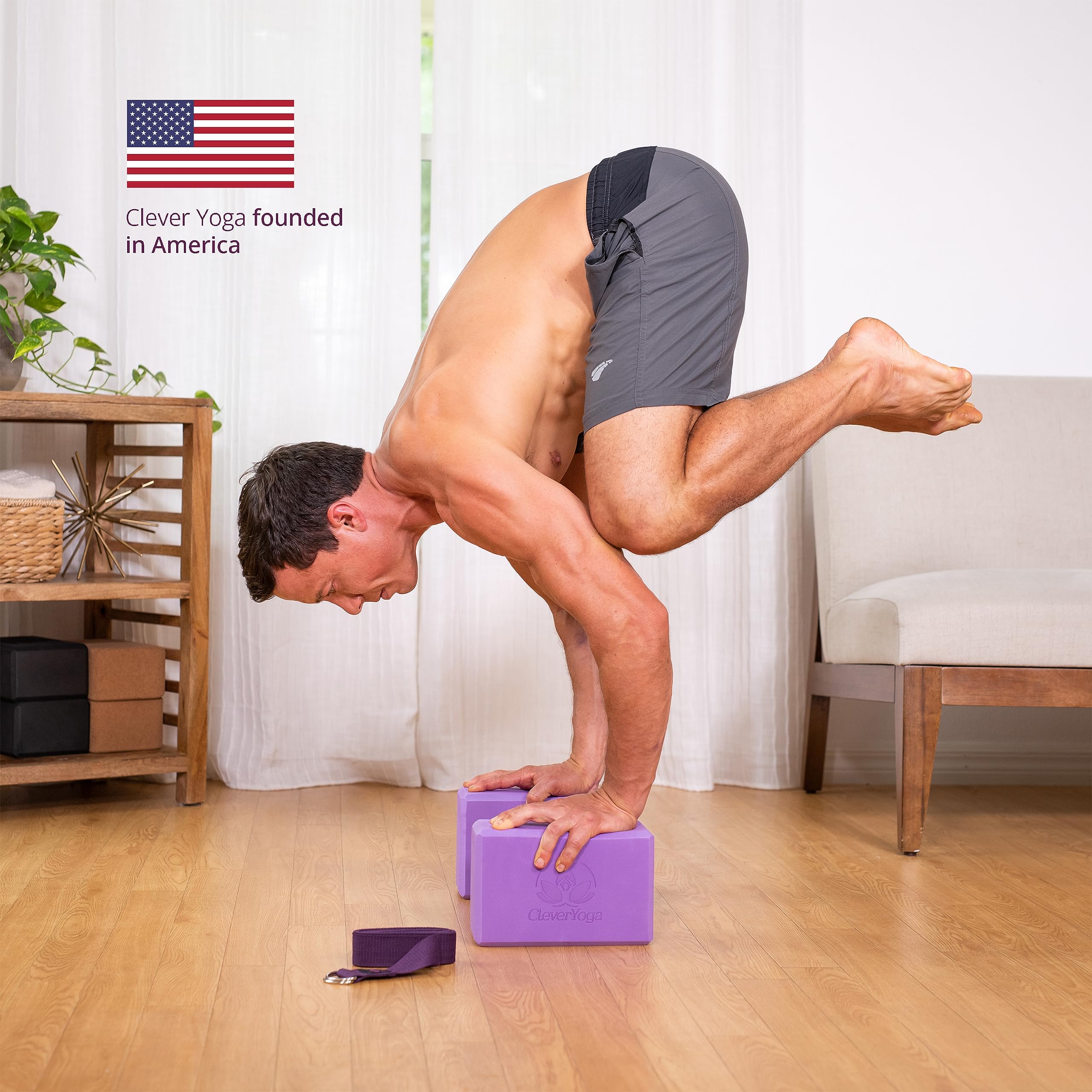 Clever Yoga Blocks 2 Pack With Strap - Extra Light Weight Sweat Repelling Foam Yoga Block Set With Cotton 8Ft Yoga Stretch Strap