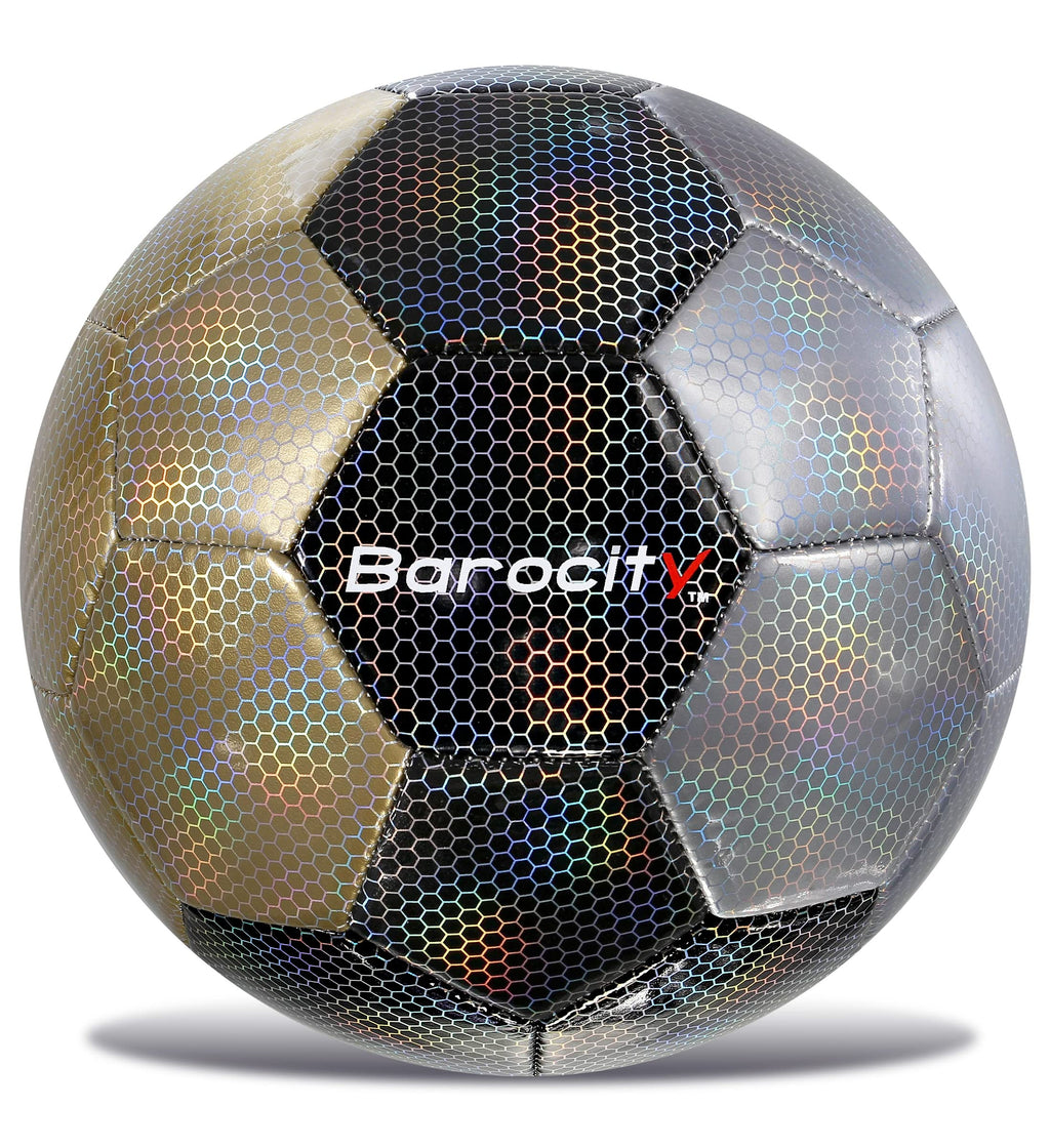 Barocity Mix Silver, Black, & Gold Size 5 Soccer Ball - Boy And Girl Official Match Ball With Reflective Rainbow Hex Pattern, Fo