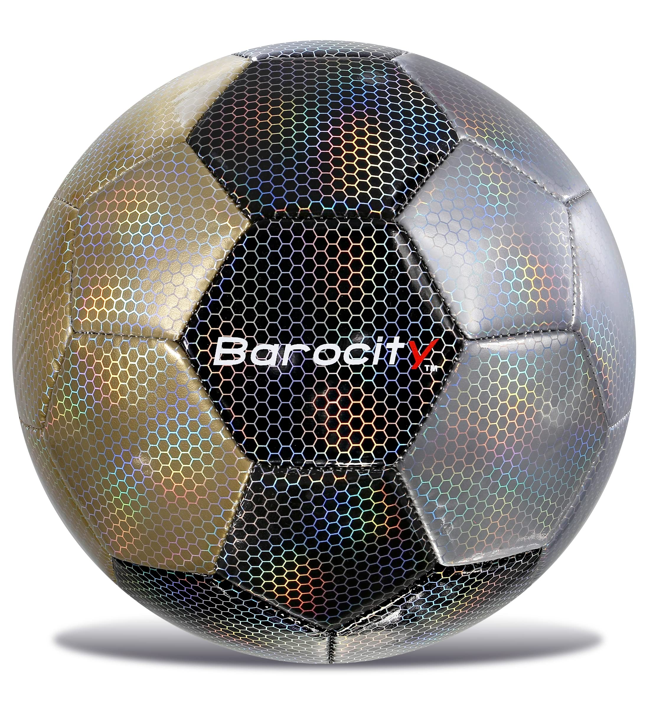 Barocity Mix Silver, Black, & Gold Size 5 Soccer Ball - Boy And Girl Official Match Ball With Reflective Rainbow Hex Pattern, Fo