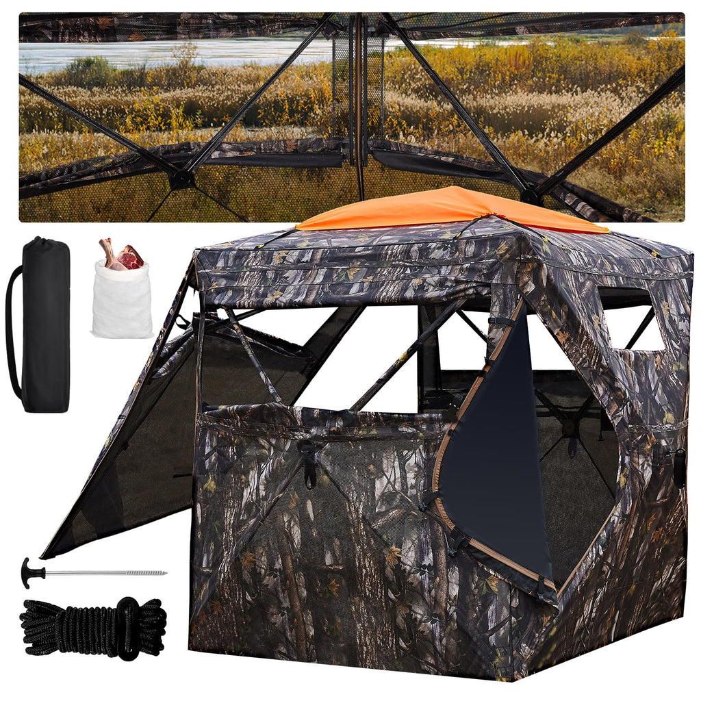 Hunting Blind 300D See Through Ground Blinds With Carrying Bag, 2-3 Person 270 Degree 2 Doors Pop Up Deer Blind Portable Camoufl