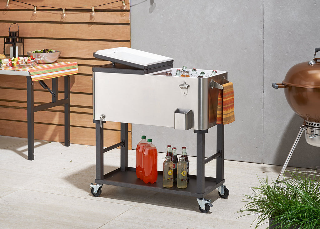 Trinity Stainless Steel Beverage Cooler And Ice Chest With Wheels And Built-In Bottle Opener, Rolling Cart With Shelf For Patio,