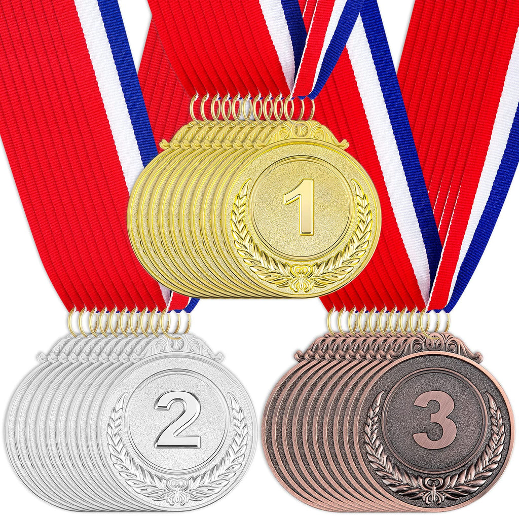 30 Pieces Award Medals 1St 2Nd 3Rd (Gold, Silver, Bronze) Metal Style Winner With Neck Ribbon, 2 Inches