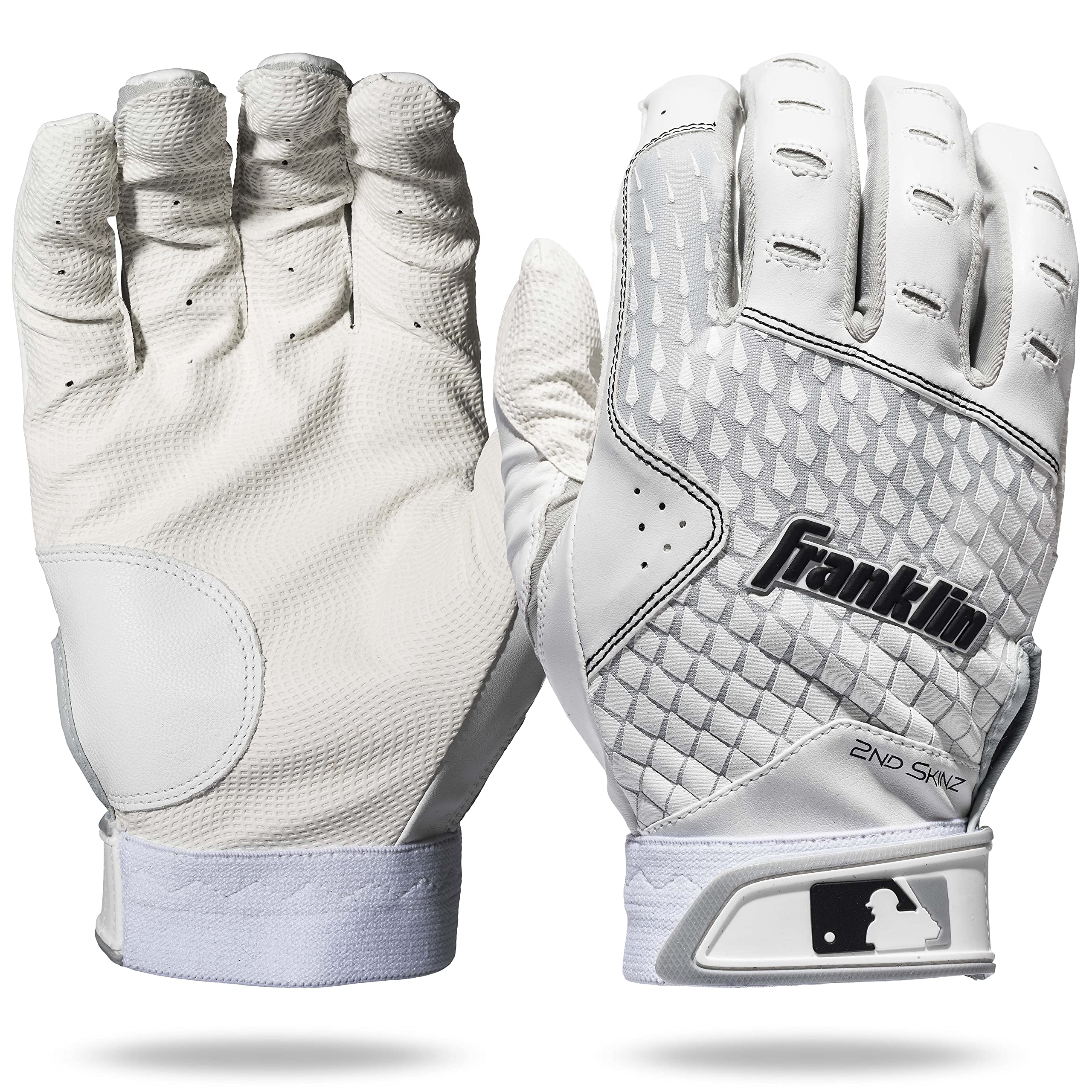 Franklin Sports Mlb Batting Gloves - 2Nd Skinz Youth Batting Gloves - Baseball + Softball Gear - Kids White Pair - Youth Medium