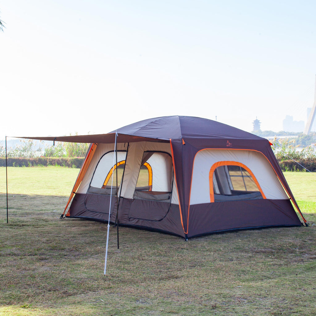 Ktt Extra Large Tent 8-10 Person,Awning Family Cabin Tents,2 Rooms,3 Doors And 3 Windows With Mesh,Straight Wall,Waterproof,Doub