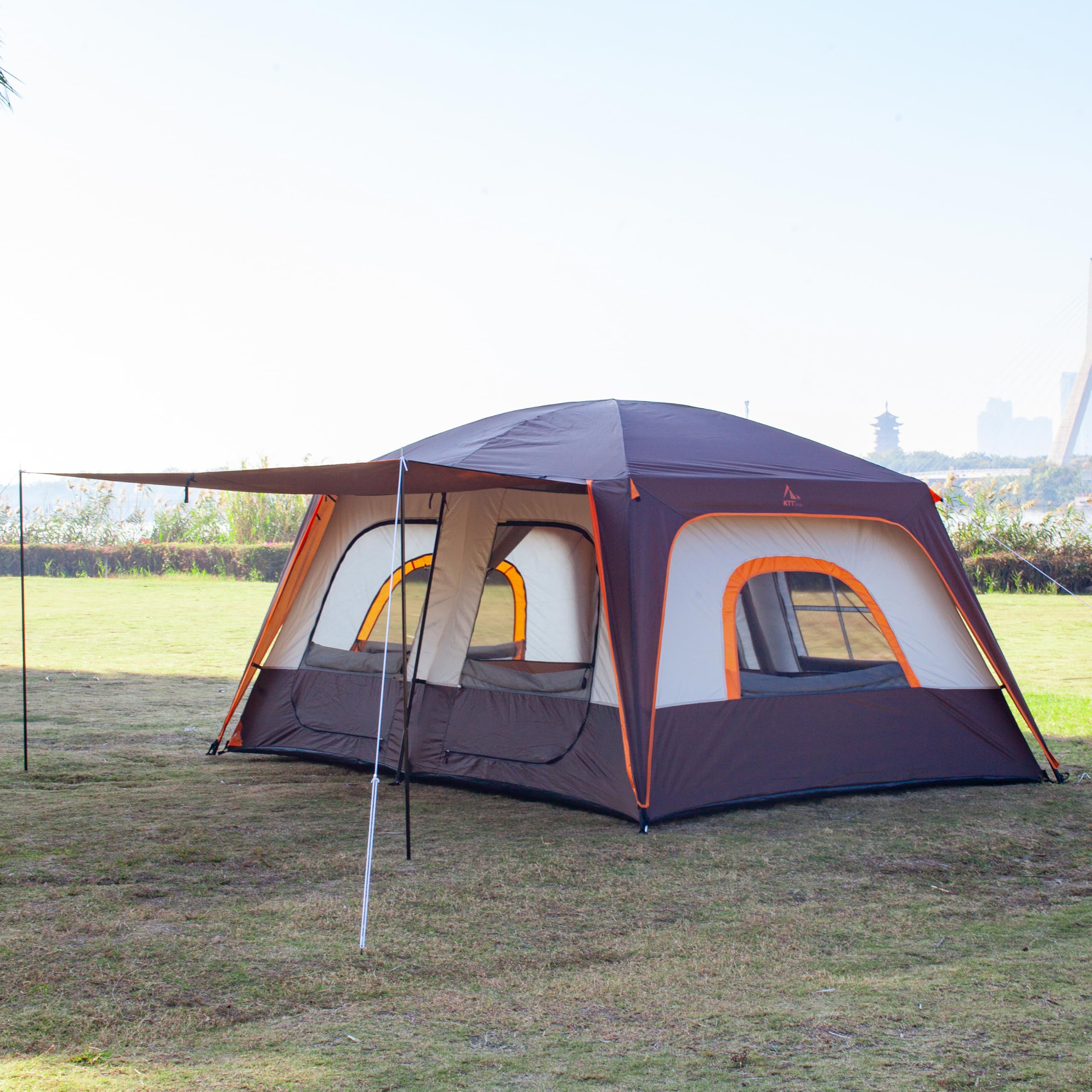 Ktt Extra Large Tent 8-10 Person,Awning Family Cabin Tents,2 Rooms,3 Doors And 3 Windows With Mesh,Straight Wall,Waterproof,Doub