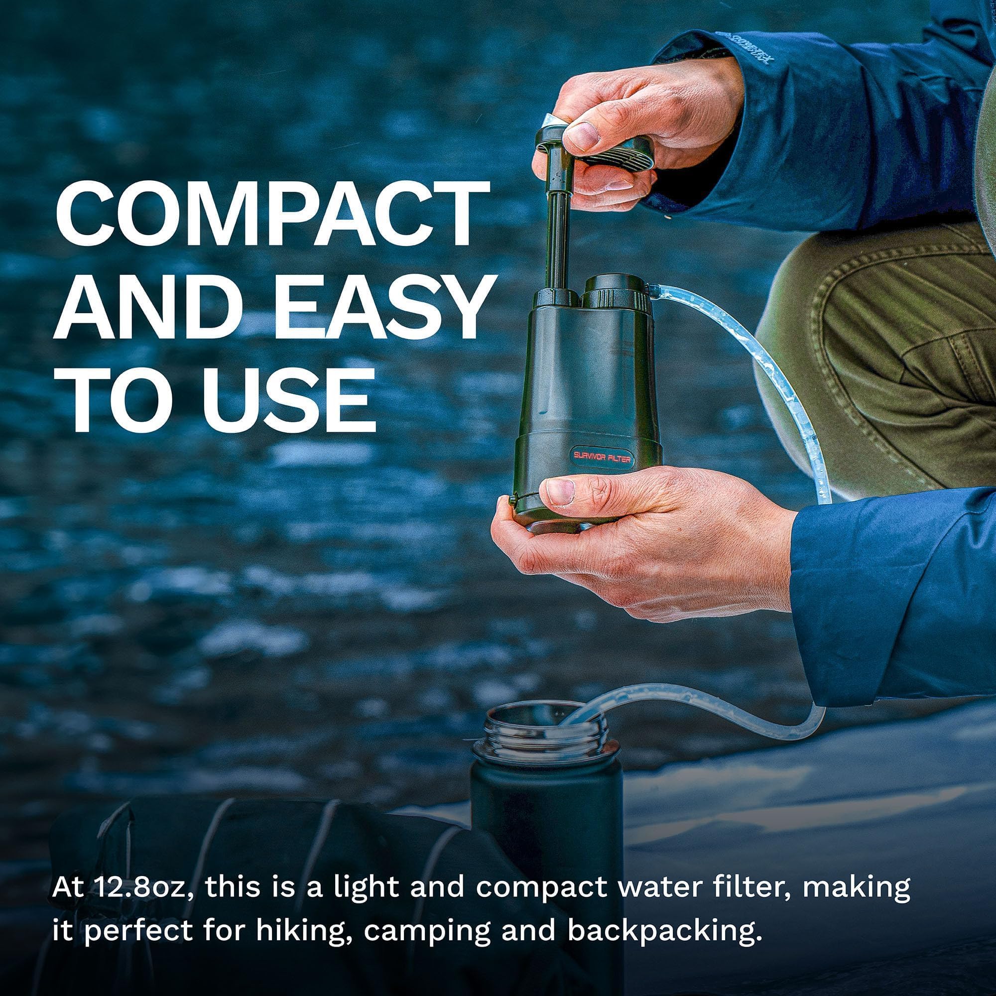 Survivor Filter Pro Water Purification System For Survival - Lightweight Hand-Pump Portable Water Filter For Backpacking Hiking