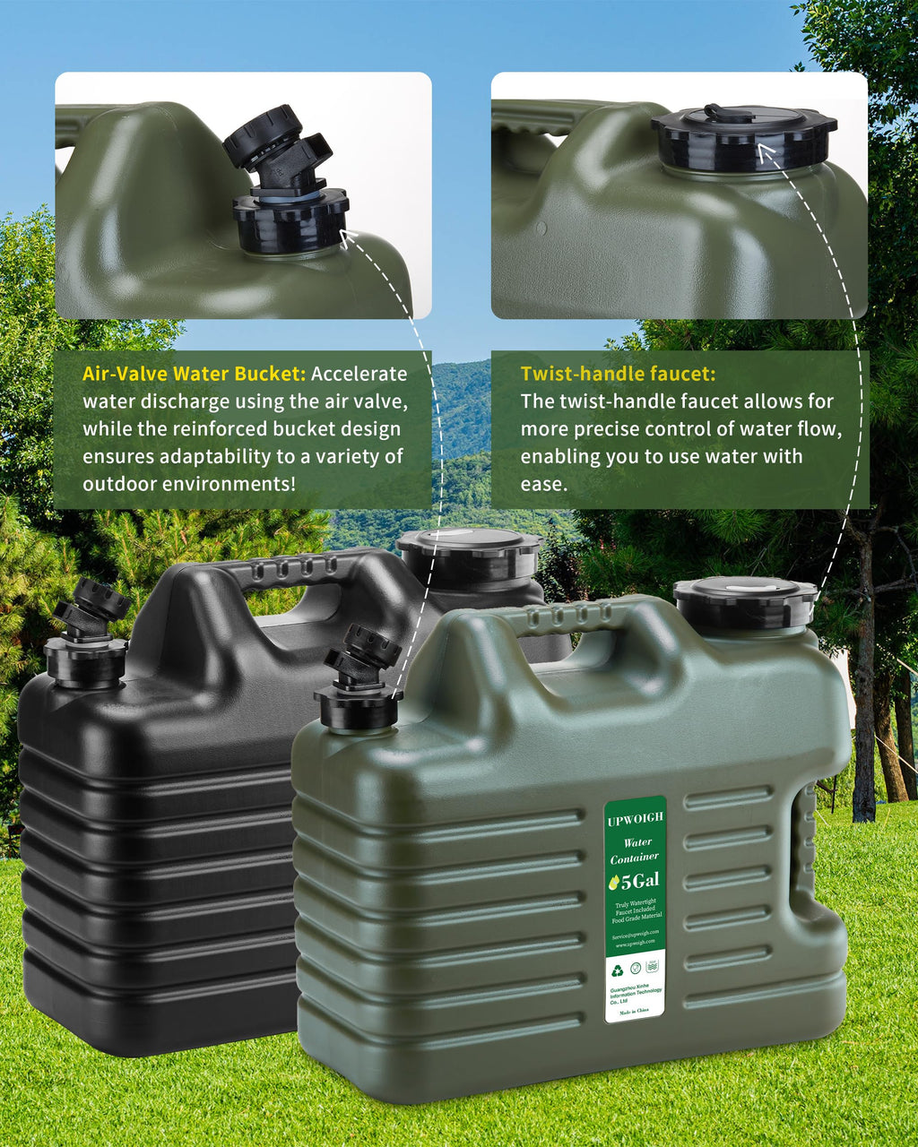 Upwoigh 5 Gallon Water Jug, Thickened Water Storage Overlanding Gear Containers, Camping Essential Truly Leak-Proof Green Water