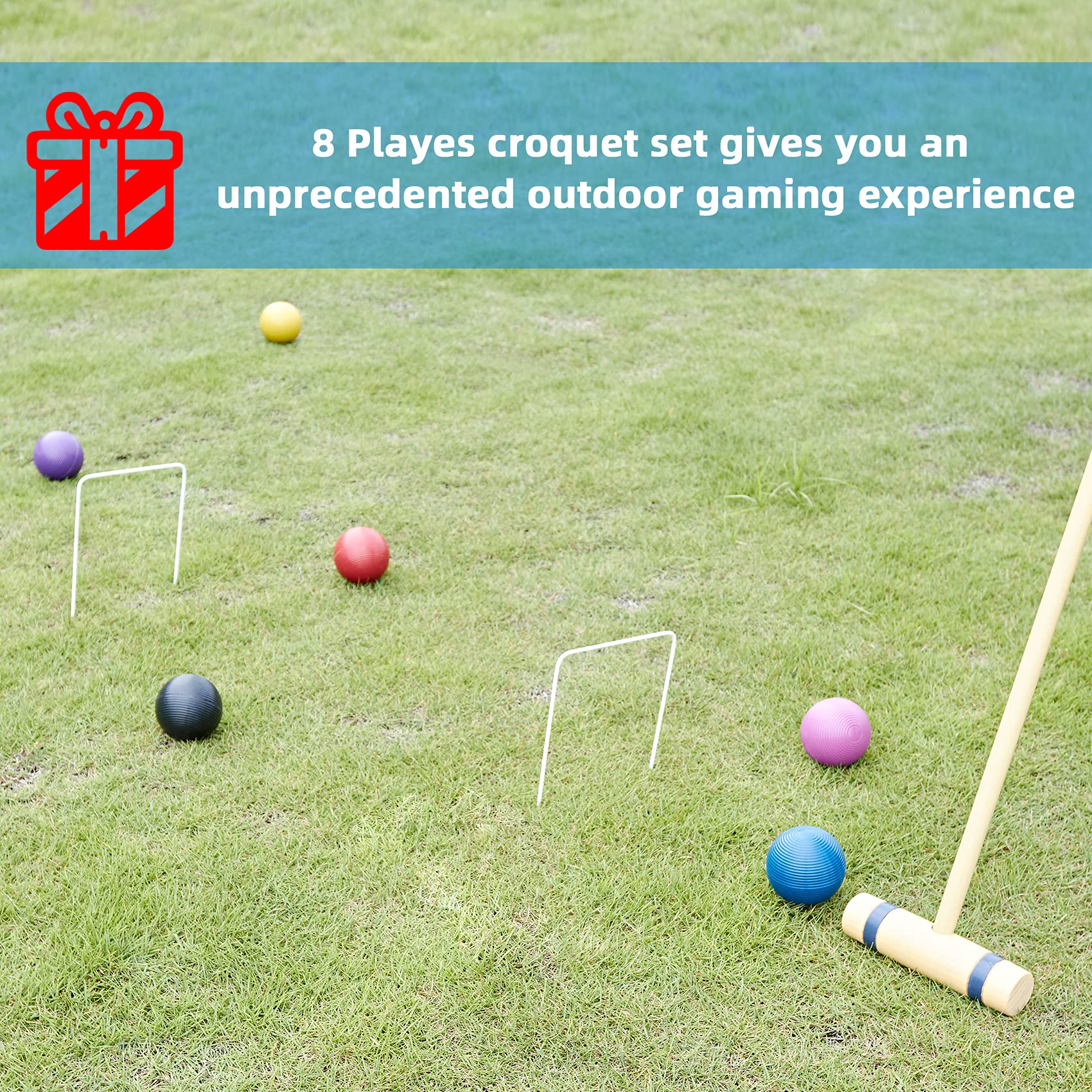 Speedarmis 8 Players Croquet Set - 28In Pine Wooden Mallets, Colored Pe Ball, Wickets, End Stakes, Lawn Backyard Outdoor Game Se