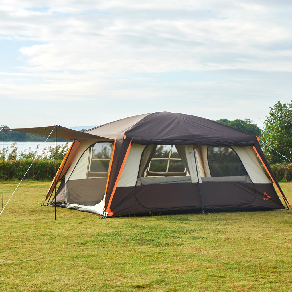 Ktt Extra Large Tent 12 Person(A),Awning Family Cabin Tents,2 Rooms,3 Doors And 3 Windows With Mesh,Straight Wall,Waterproof,Dou