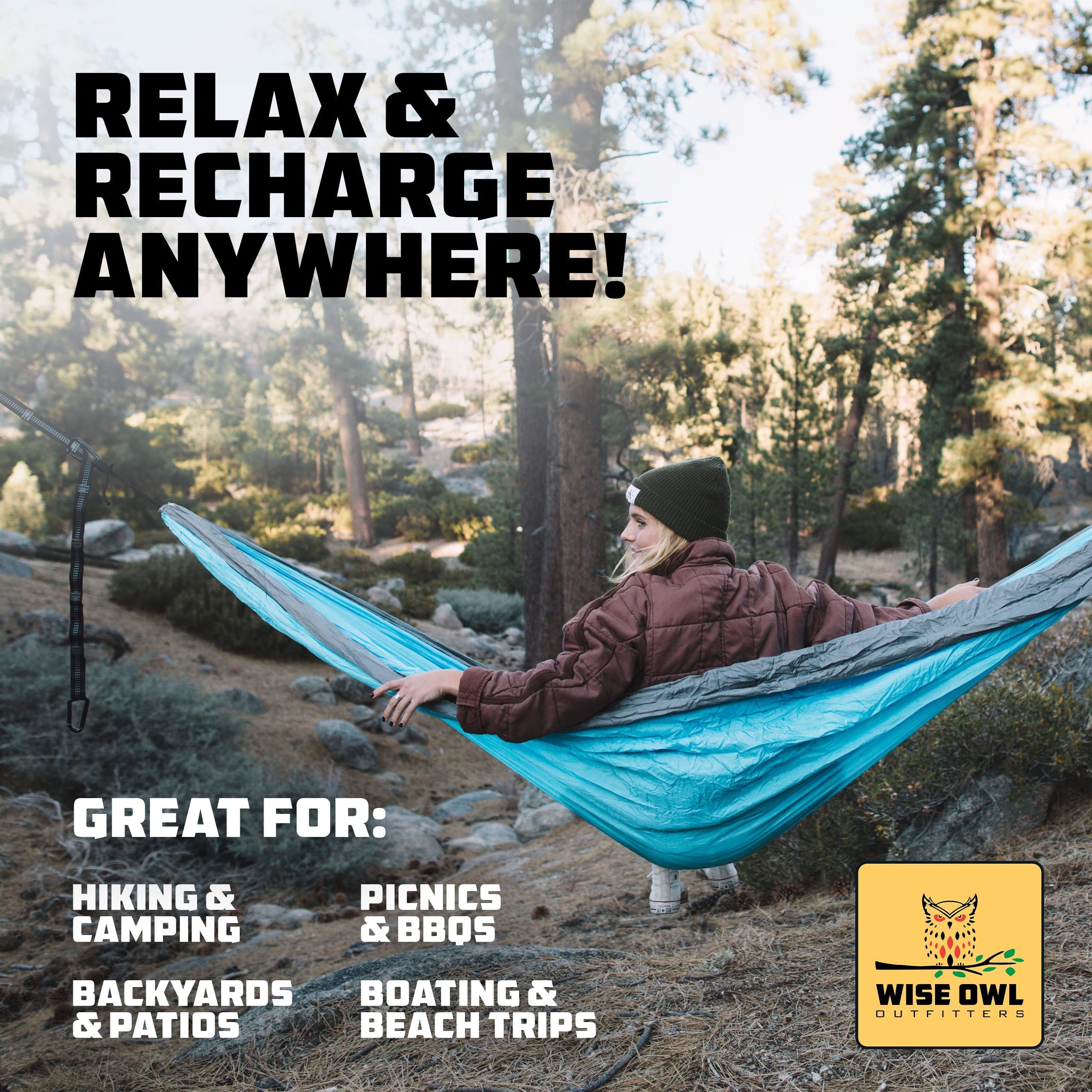 Wise Owl Outfitters Camping Hammock - Portable Hammock Double Hammock Camping up to 500lbs, Accessories for Outdoor, Indoor w/Tr