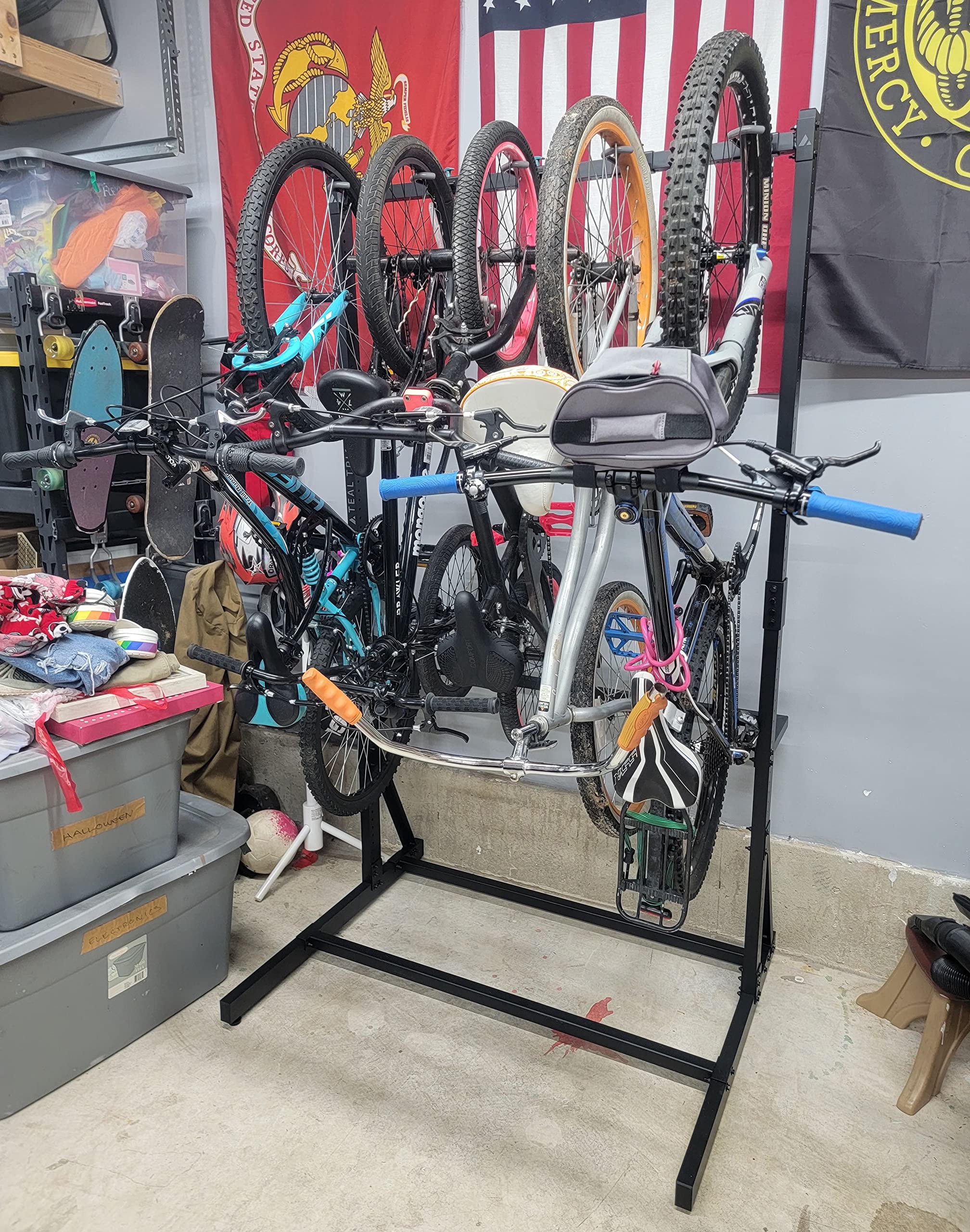 Teal Triangle Freestanding 5 Bike Storage Rack, The Original G-Bike, Indoor Garage Floor Stand, Bicycle Organizer