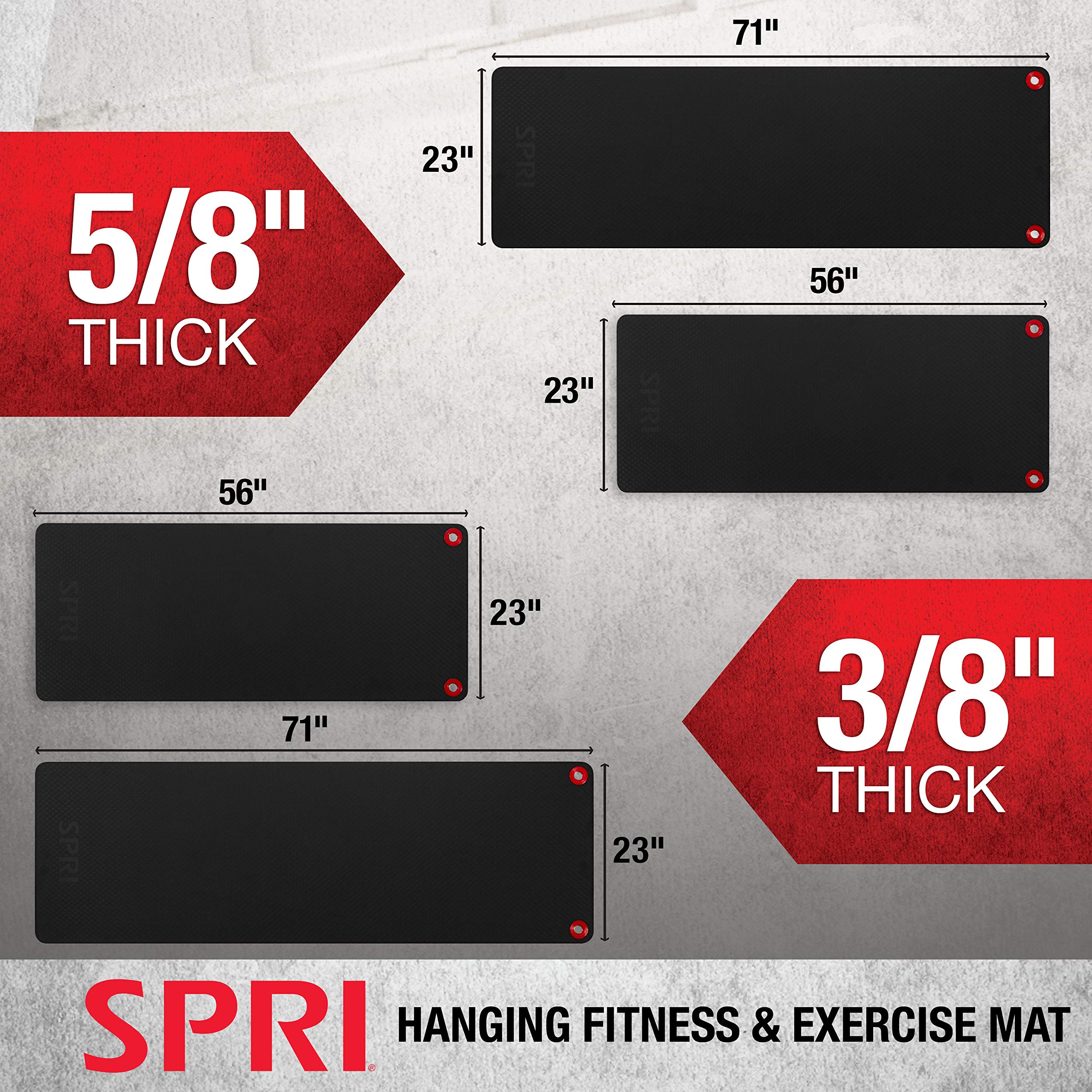 Spri Hanging Exercise Mat, Fitness & Yoga Mat For Group Fitness Classes, Commercial Grade Quality With Reinforced Holes, 56'' L