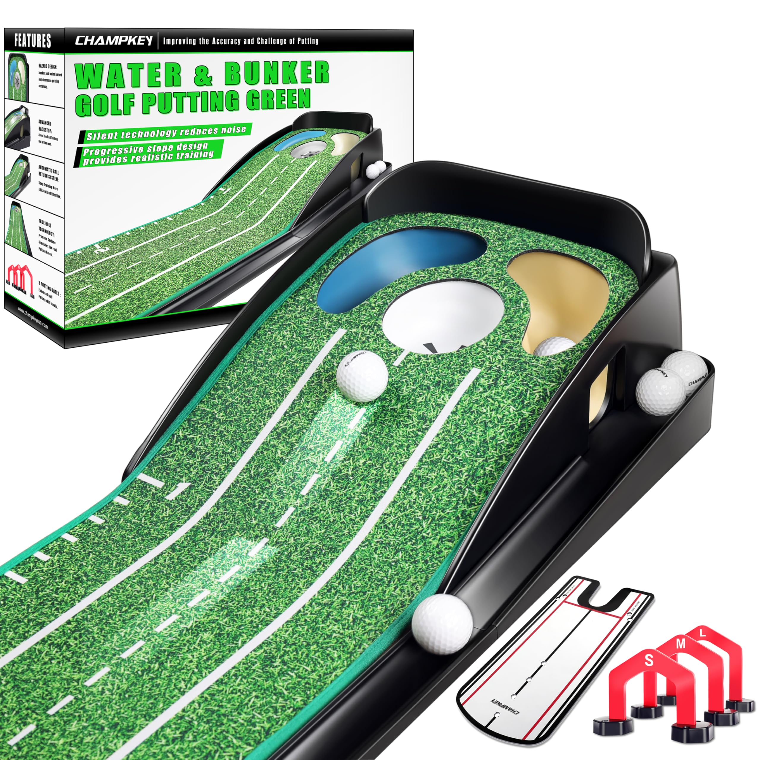CHAMPKEY Professional Hazard Golf Putting Green Come with Golf Putting Gates and Putting Mirror - Progressive Slope Tech and Noi