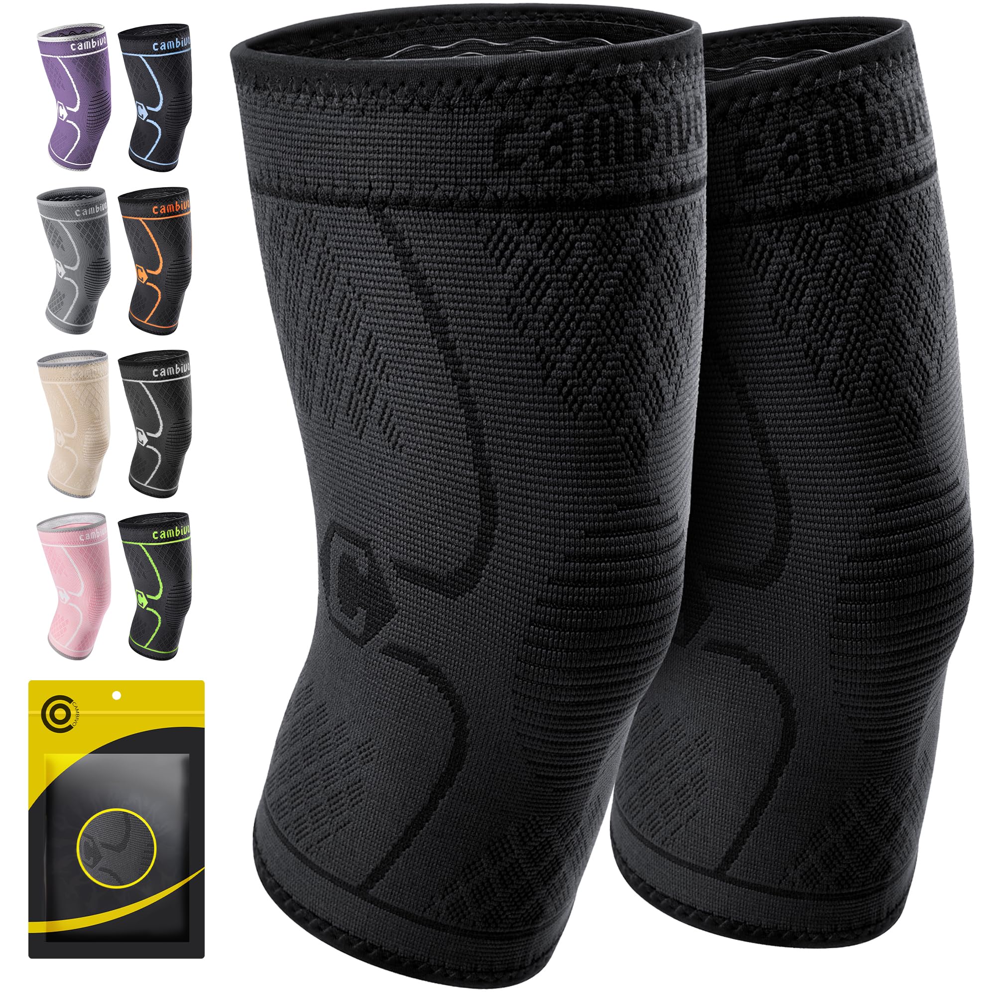 Cambivo 2 Pack Knee Braces For Knee Pain, Knee Compression Sleeve For Men And Women, Knee Support For Meniscus Tear, Running, We