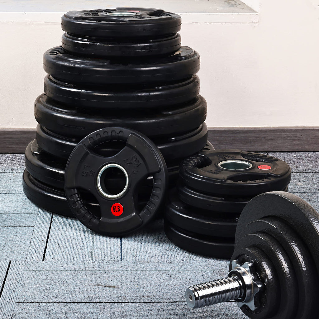 Fitvids Olympic 2-Inch Cast Iron Plate Weight Plate For Strength Training And Weightlifting, Rubber Coate Style, 45Lb Set