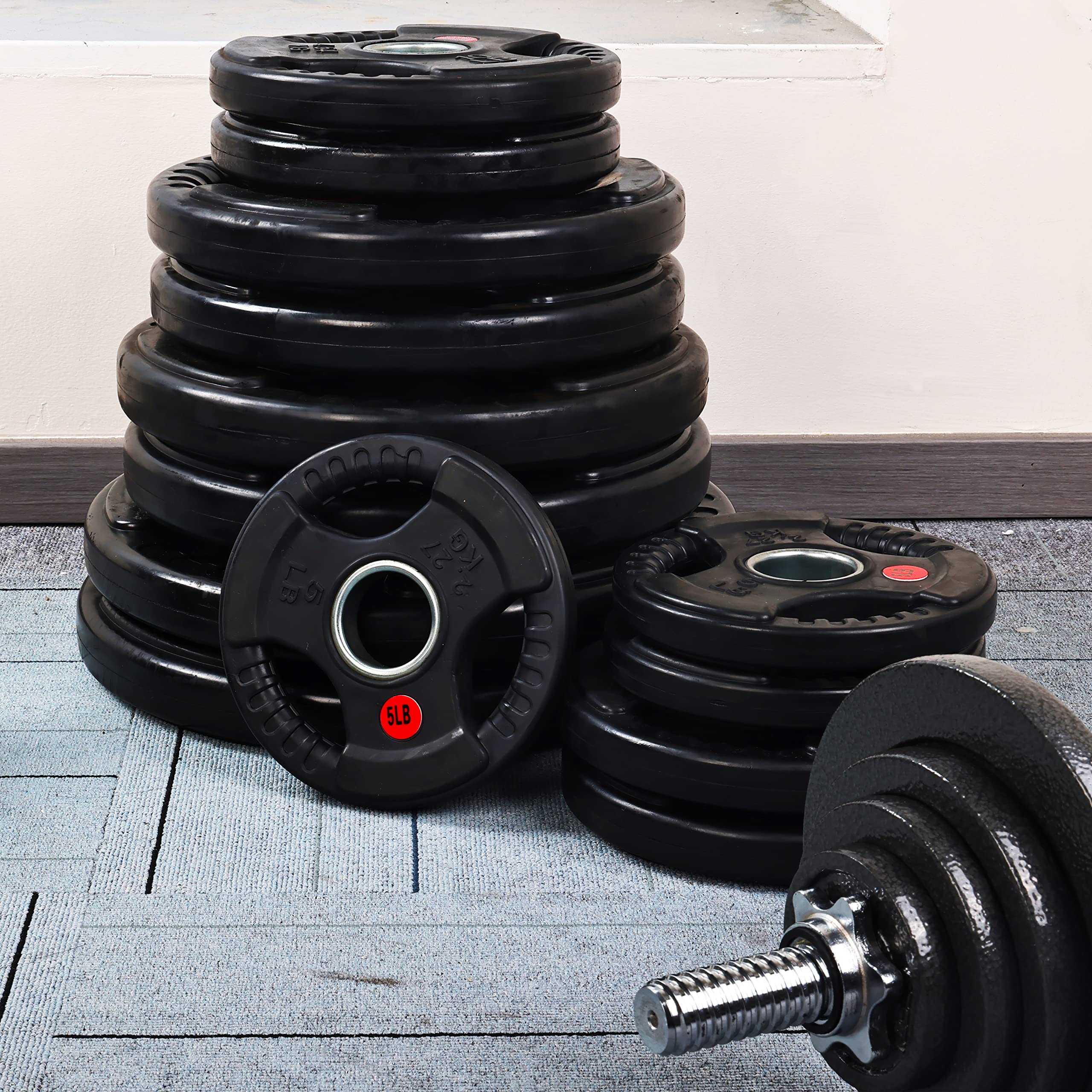 Fitvids Olympic 2-Inch Cast Iron Plate Weight Plate For Strength Training And Weightlifting, Rubber Coate Style, 45Lb Set