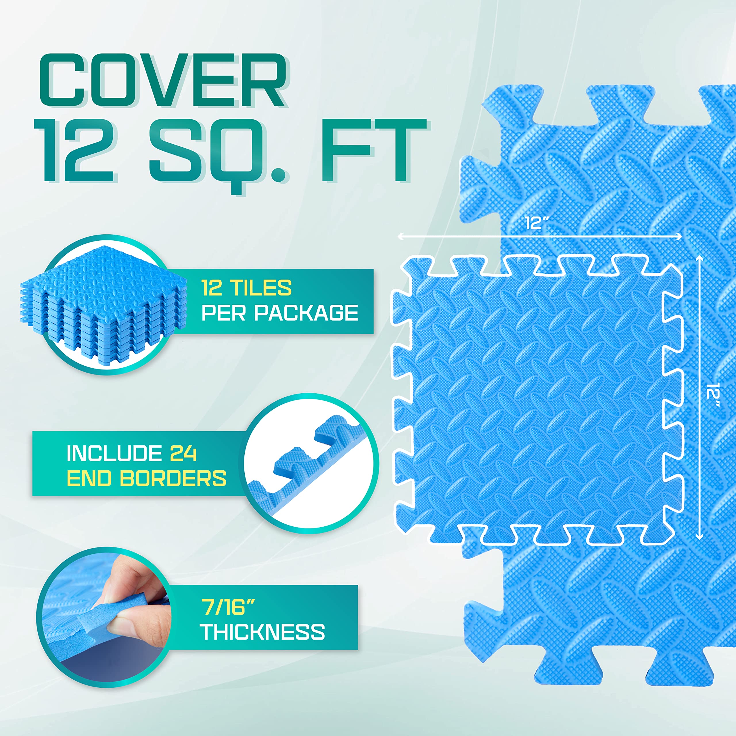 Yes4All Interlocking Floor Mats With Border - Foam, Gym Floor Mats With Eva Interlocking Tiles (12 Square Feet - Blue - 12 Tiles