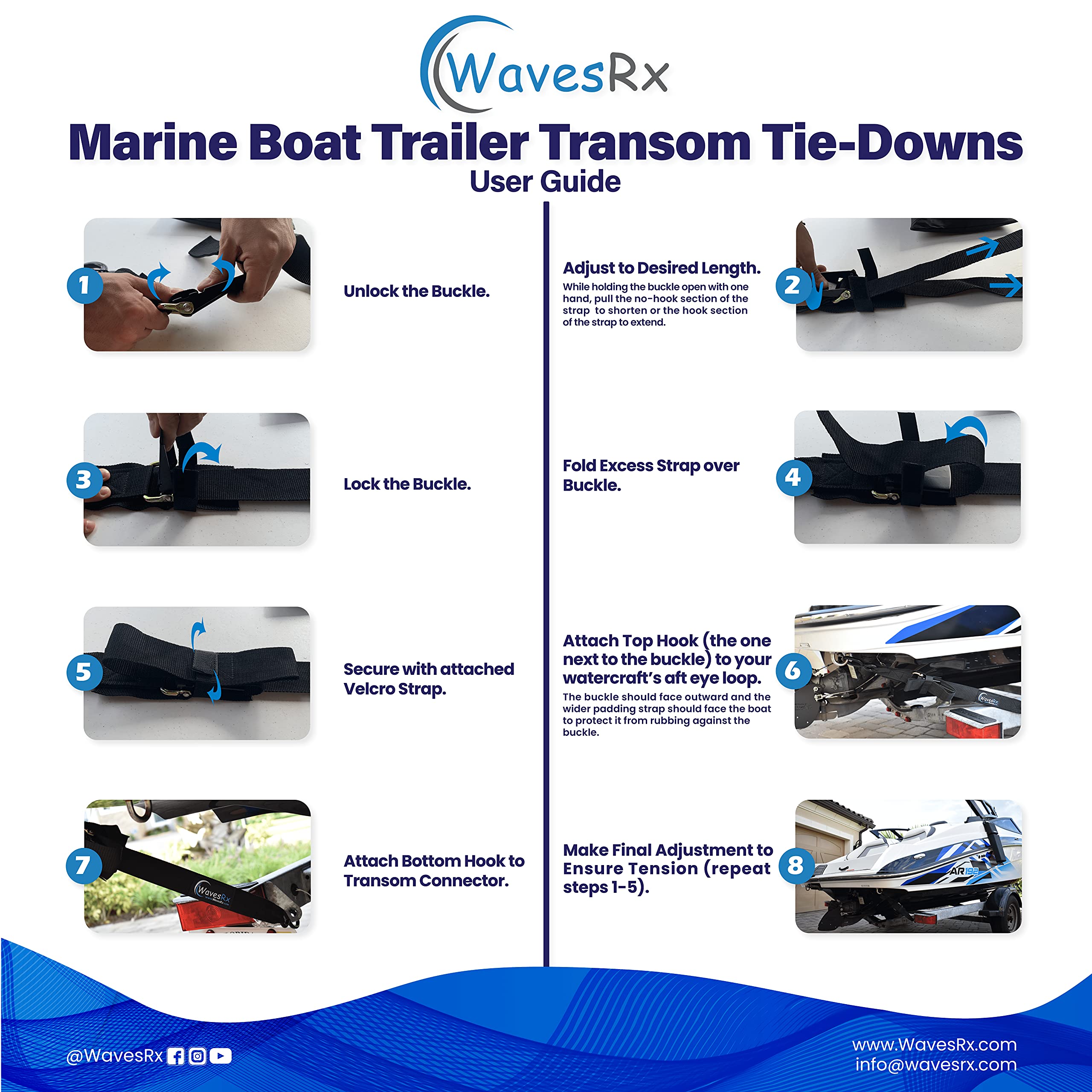 Wavesrx Boat & Pontoon Trailer Transom Straps (2Pk)  48'' Marine Tie Downs Adjustable Safety Straps  Outperforms Ratcheting & Re