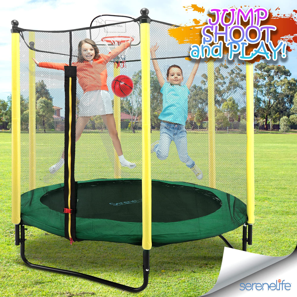SereneLife 5FT Outdoor & Indoor Trampoline for Kids - Durable Mini Toddler Trampoline with Net Enclosure & Basketball Hoop - Sup