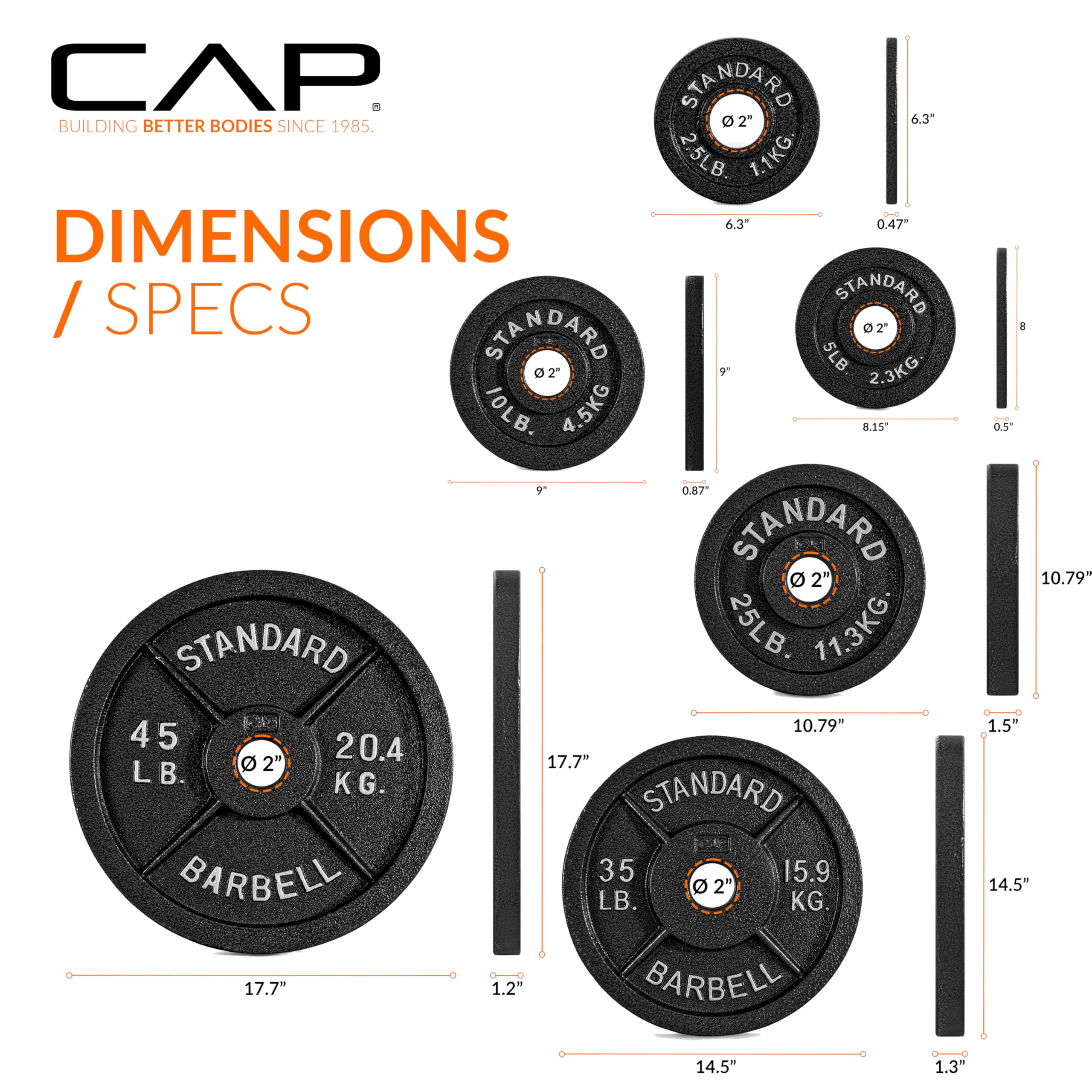 CAP Barbell 285 LB Classic Olympic 2-Inch Cast Iron Weight Plate Set | Black