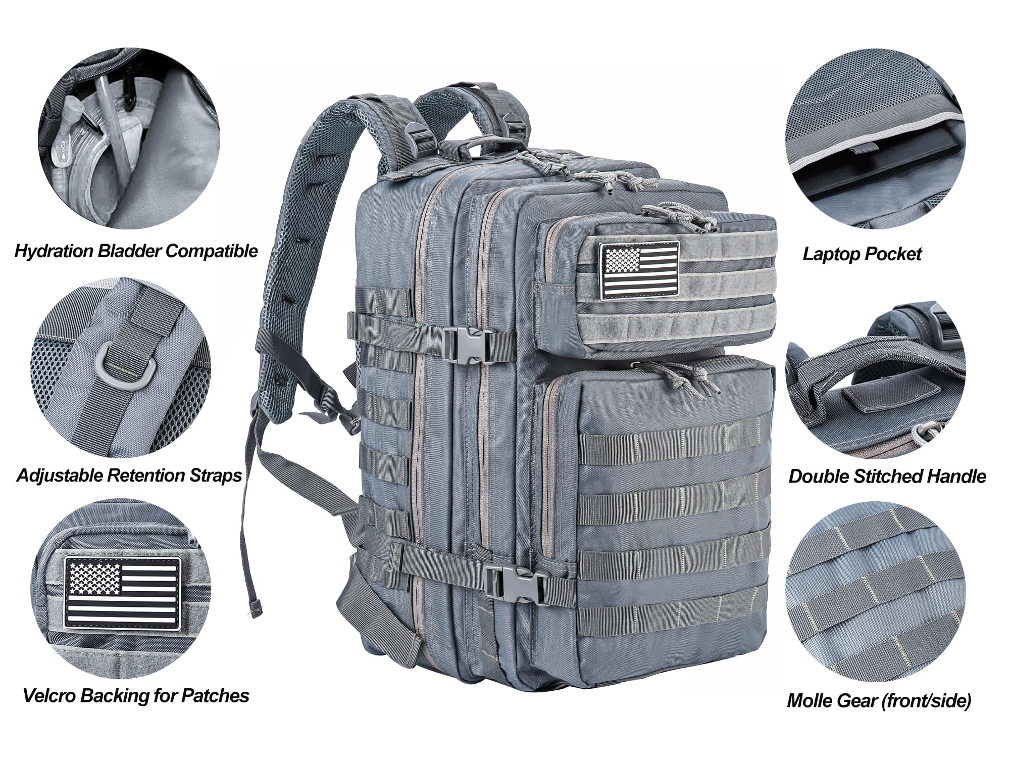 Lhi Military Tactical Backpack For Men And Women 45L Army 3 Days Assault Pack Bag Large Rucksack With Molle System - Grey