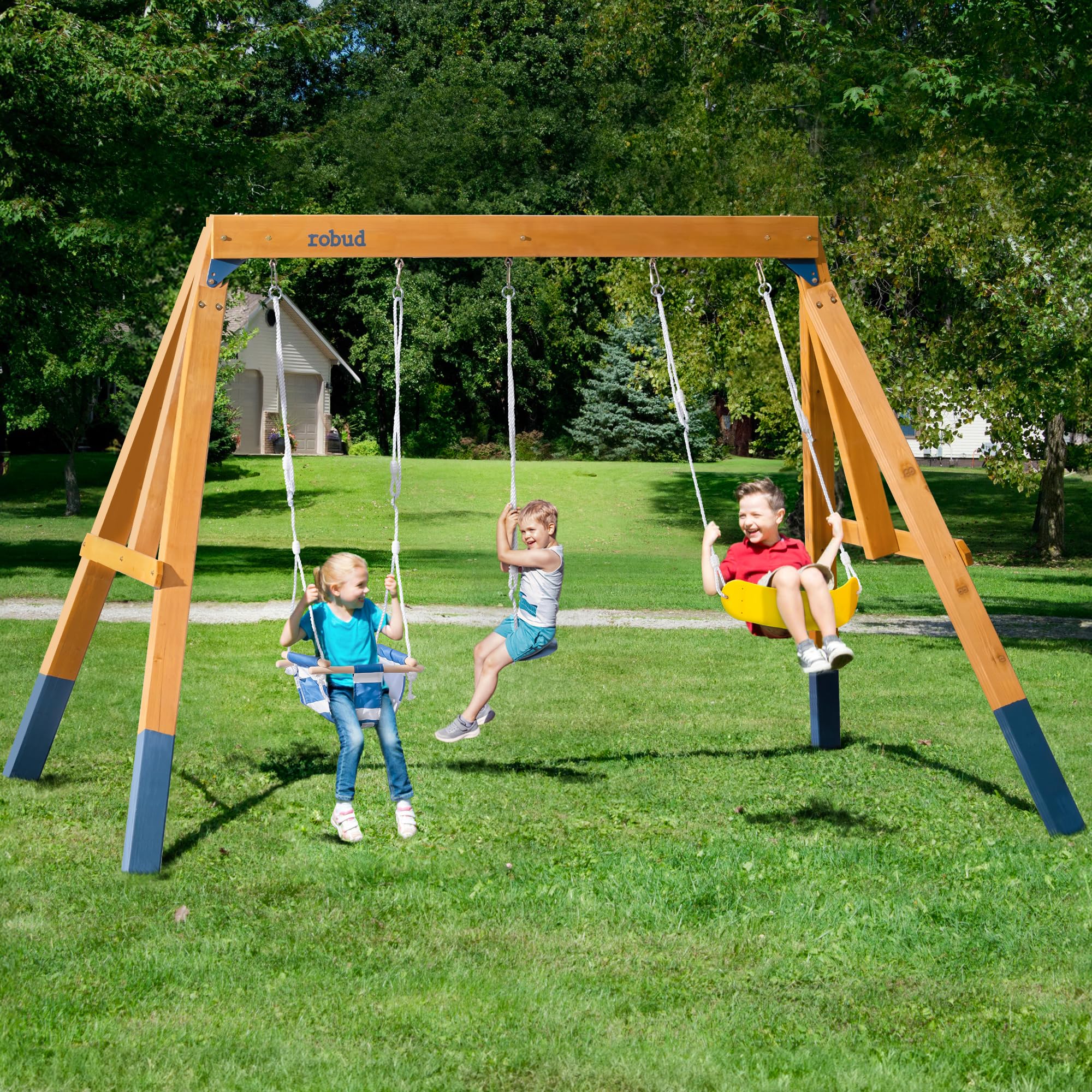 ROBUD 3-in-1 Playground Wooden Swing Sets for Backyard, DIY Swing Sets with Tree Swing and 2 Toddler Swings, Kids Outdoor Play E