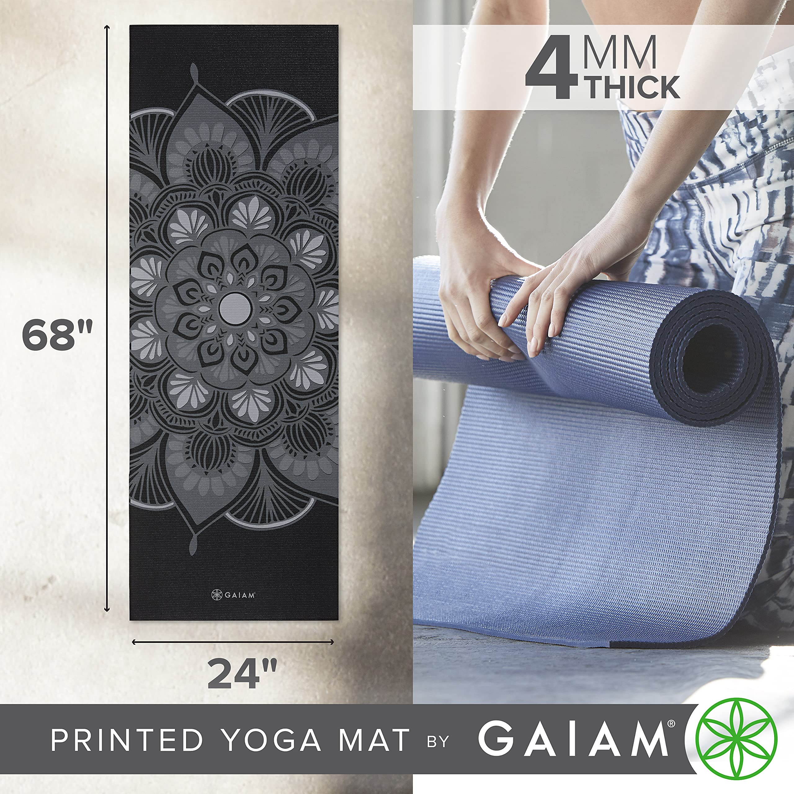 Gaiam Yoga Mat - Classic 4Mm Print Thick Non Slip Exercise & Fitness Mat For All Types Of Yoga, Pilates & Floor Workouts (68'' X