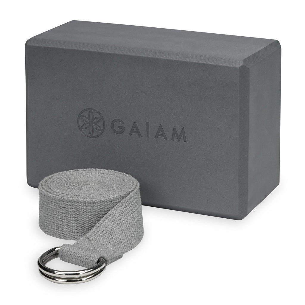 Gaiam Yoga Block & Yoga Strap Combo Set - Yoga Block With Strap, Pilates & Yoga Props To Help Extend & Deepen Stretches, Yoga Ki