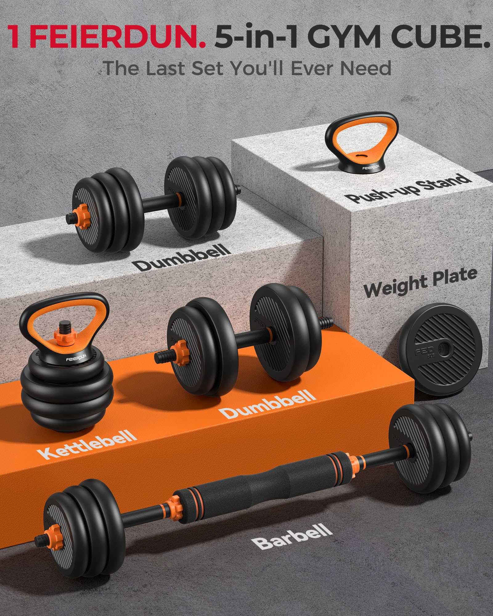 FEIERDUN 4-in-1 Adjustable Dumbbells,48lbs Free Weight Set for Home Gym - Use as Barbell, Kettlebells, Push-Up Stand - Ideal for