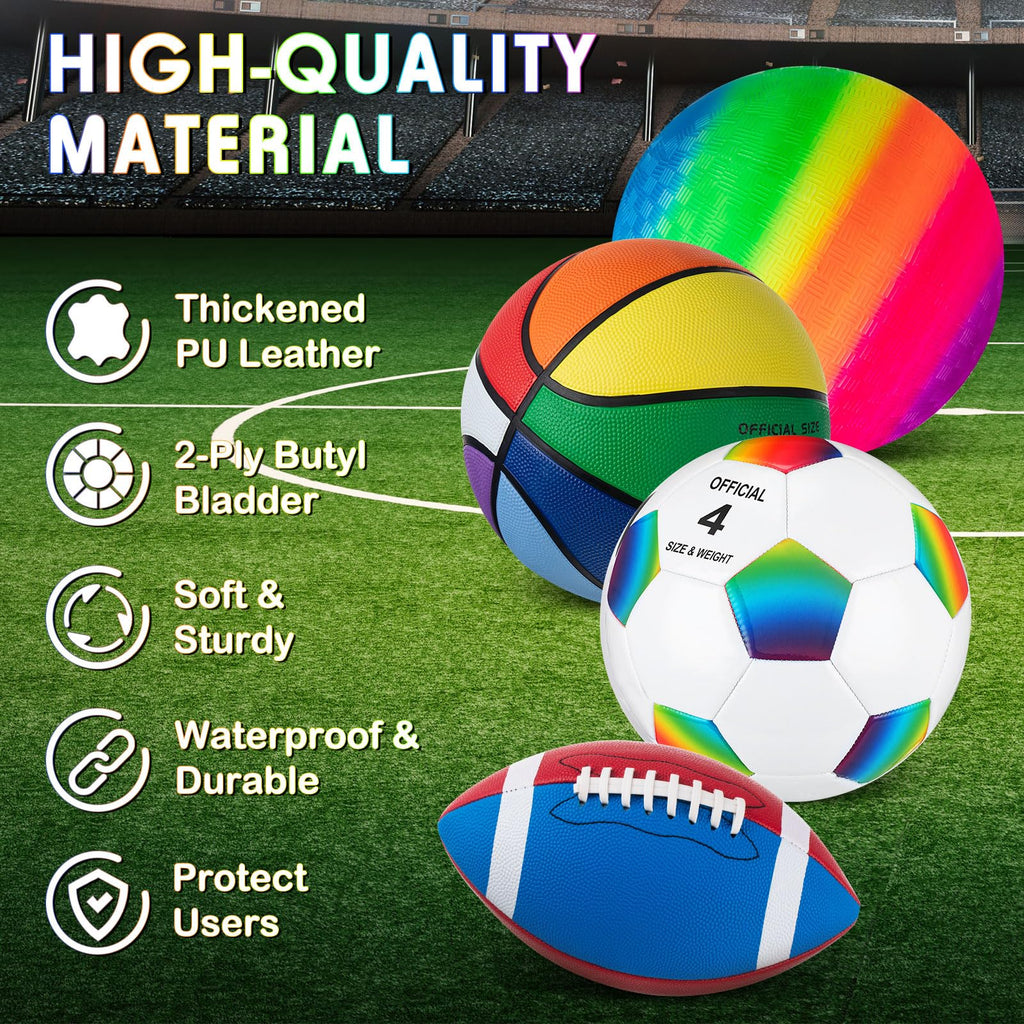 Deekin 4 Pcs Sport Balls Set For Kids Teens, Include Official Size 5 Basketball 4 Soccer 6 Football Playground Ball And Pump Spo