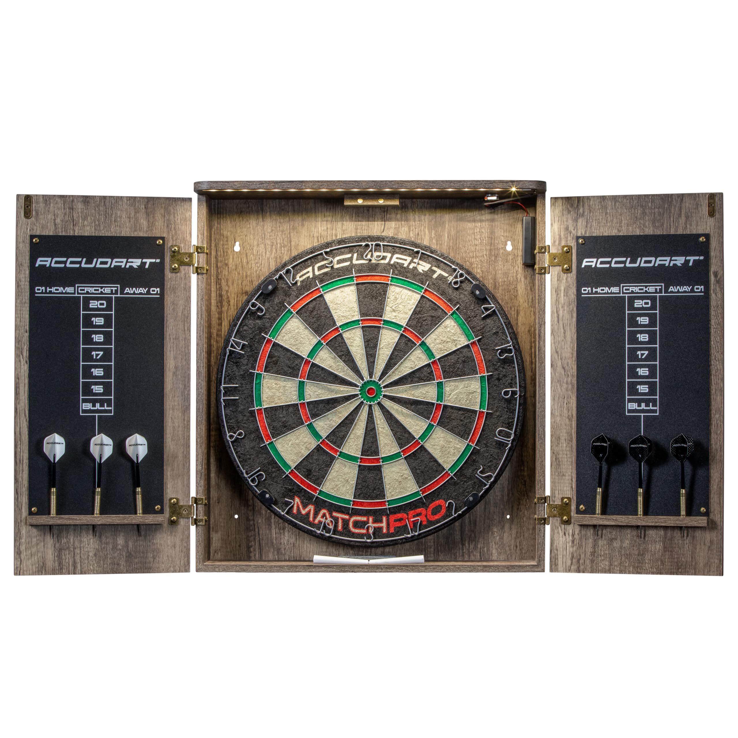 Accudart Match Pro Dartboard Cabinet Set - Official Size - Self Healing Sisal - Modern Style Woodgrain - Two Built-In Dartholder