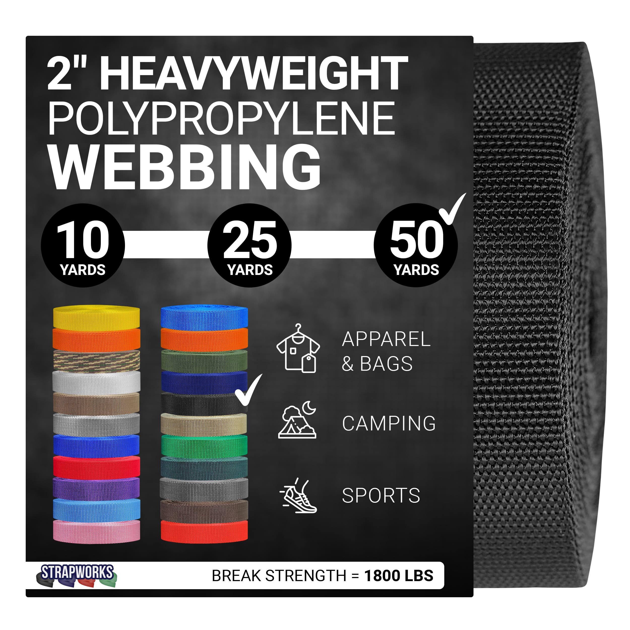 Strapworks Heavyweight Polypropylene Webbing - Heavy Duty Poly Strapping For Outdoor Diy Gear Repair, 2 Inch X 50 Yards - Black