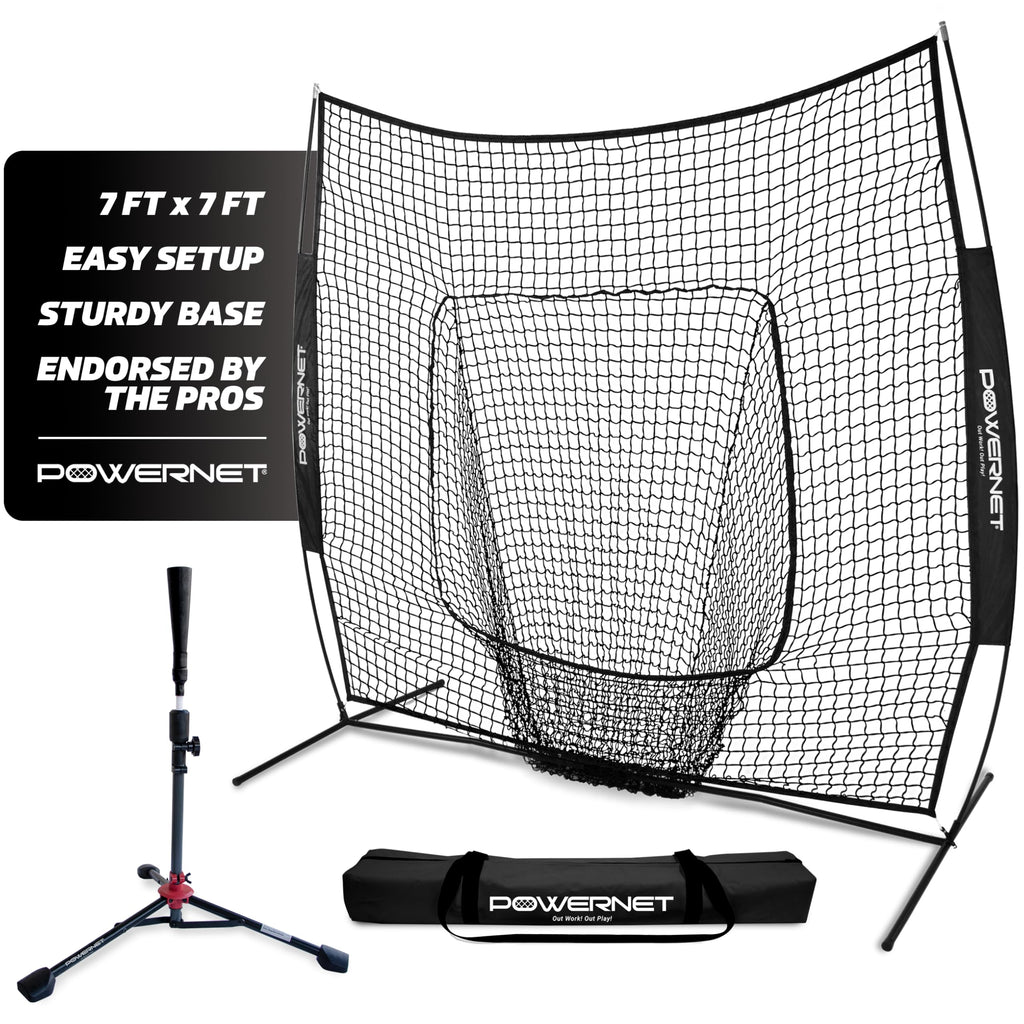 Powernet Baseball Softball Practice Net 7X7 With Travel Tee  Practice Hitting, Pitching, Batting, Fielding  Portable Backstop (B