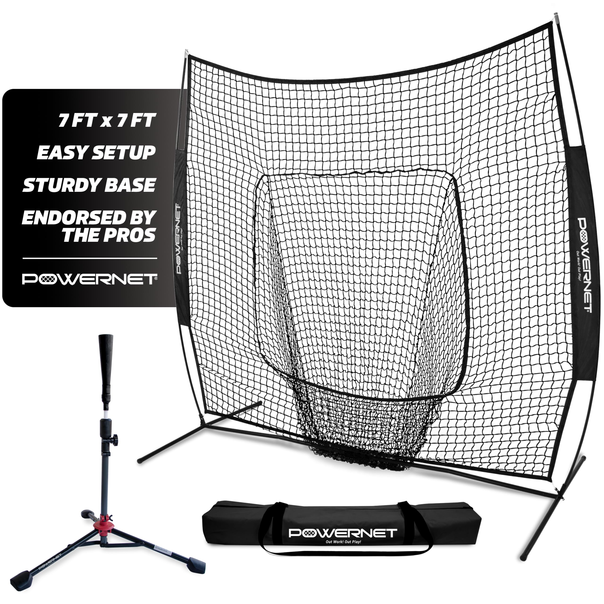 Powernet Baseball Softball Practice Net 7X7 With Travel Tee  Practice Hitting, Pitching, Batting, Fielding  Portable Backstop (B