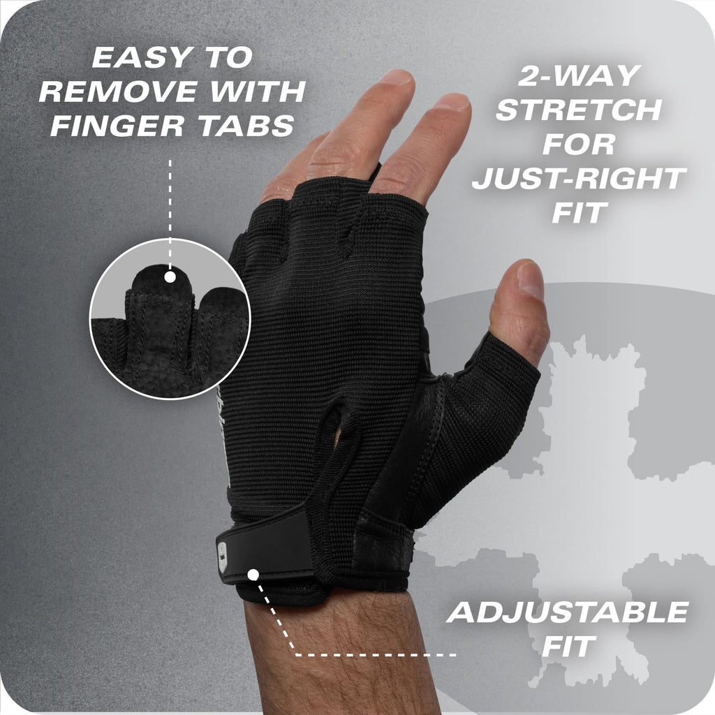 Power Gloves 3.0 - Durable Half Finger Weightlifting Gloves with Adjustable Wrist Closure, Breathable Leather Palm, Mens, Black