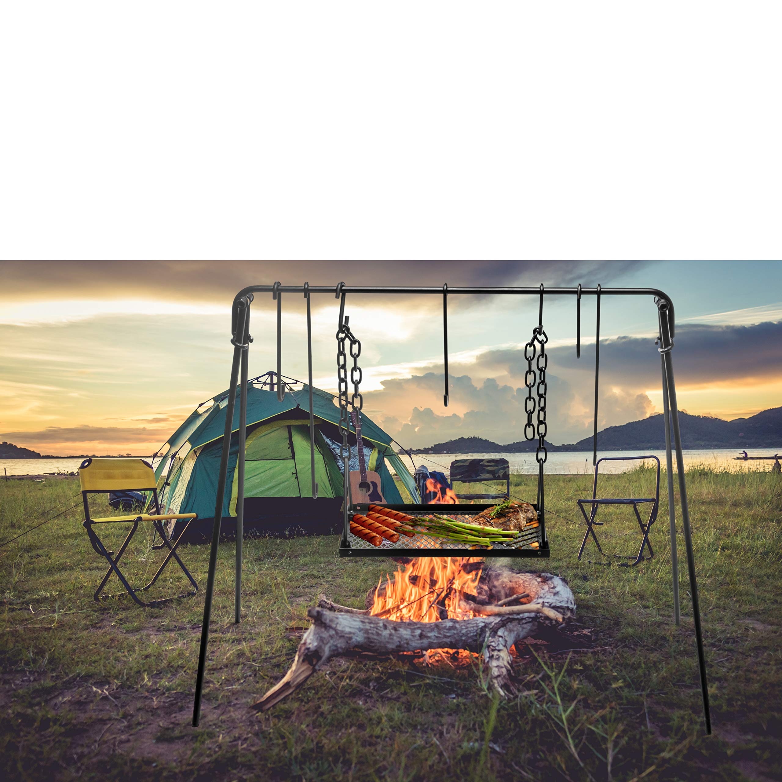 Bruntmor Large Outdoor Campfire Grill Camping Open Fire Cooker Stand Swing Away Hanging Grill Equipment For Fire Pit Stand Campf