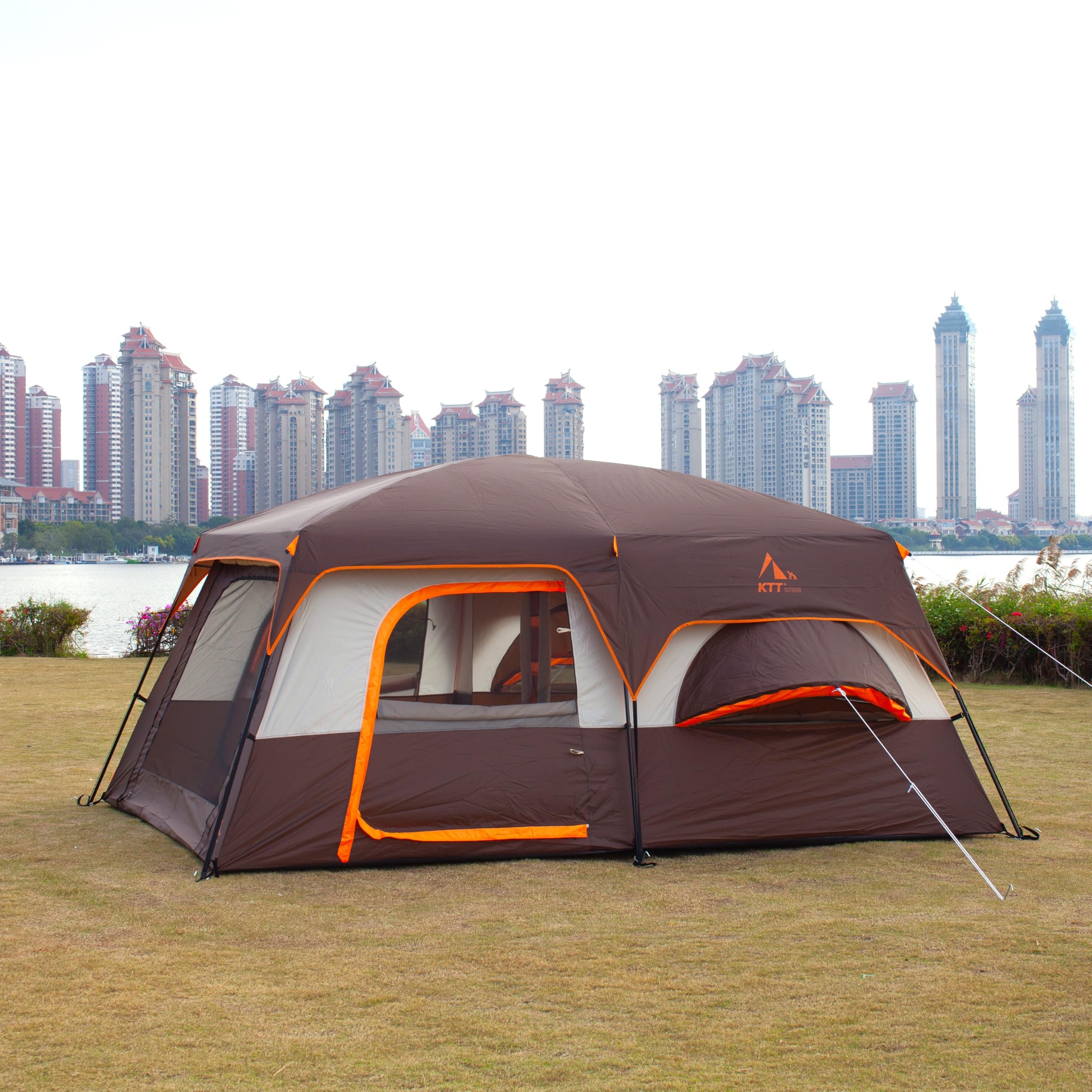 Ktt Extra Large Tent 12 Person,2 Bay-Windows,Family Cabin Tents,14.1'Lx10'Wx6.58'H,2 Rooms And 3 Doors 3 Windows With Mesh,Water