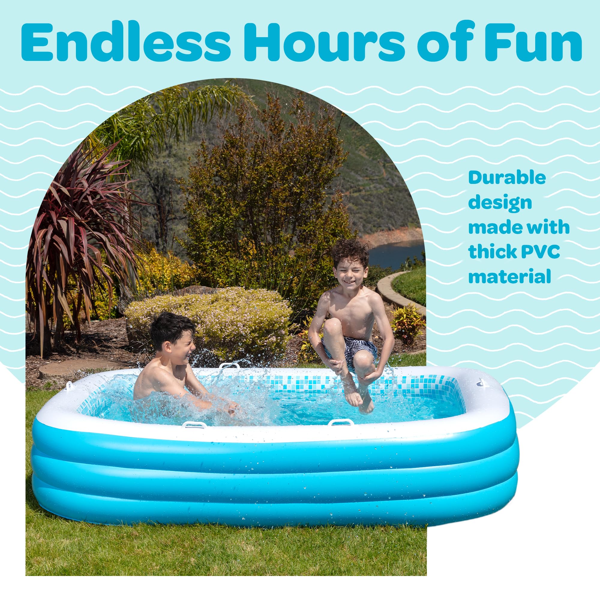 Inflatable Swimming Pool For Kids With Comfortable Padded Soft Floor, Convenient Handles, And Drain - 90''X60''X19'' (7.5'X5') -