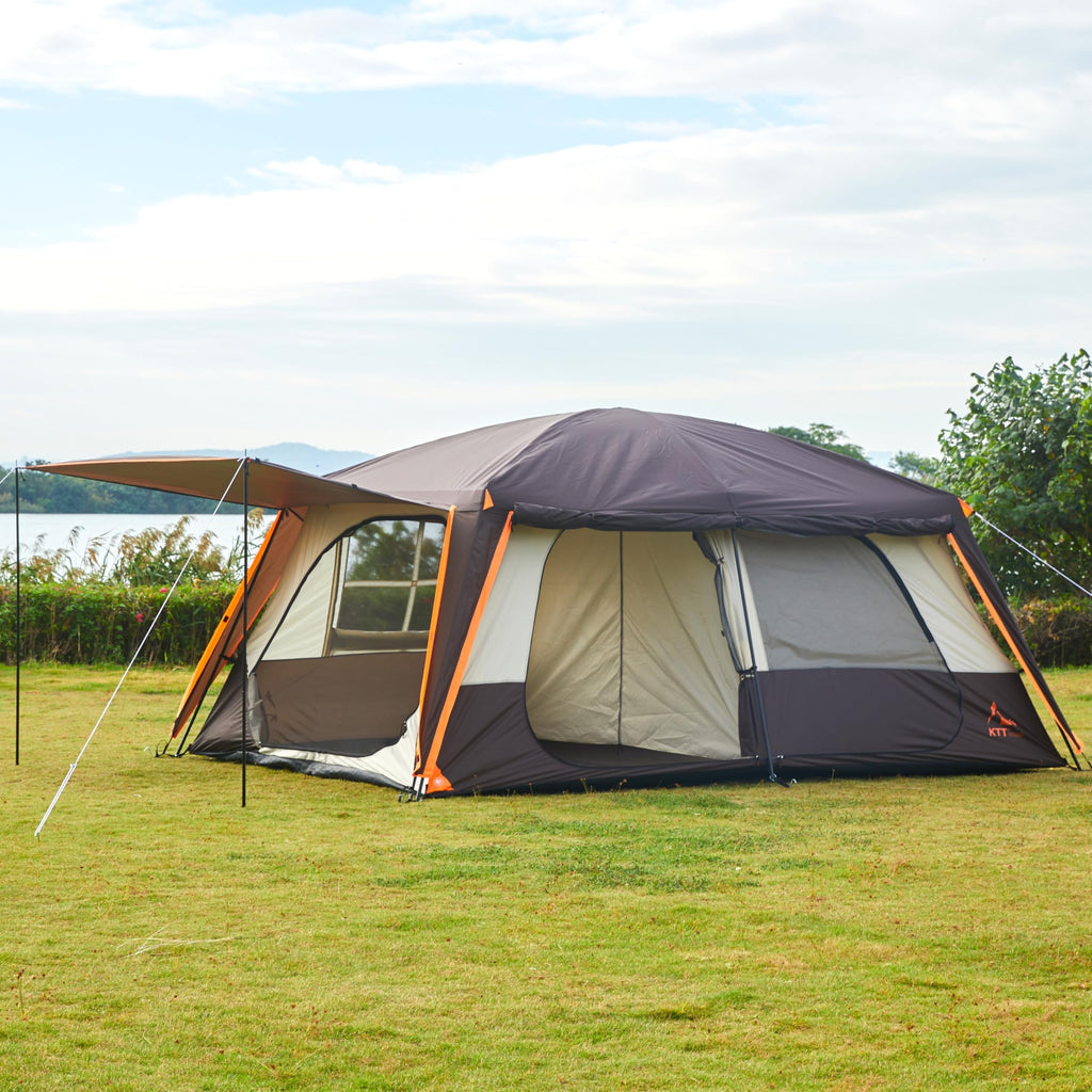 Ktt Extra Large Tent 12 Person,Awning Family Cabin Tents,2 Rooms,3 Doors And 3 Windows With Mesh,Straight Wall,Waterproof,Double