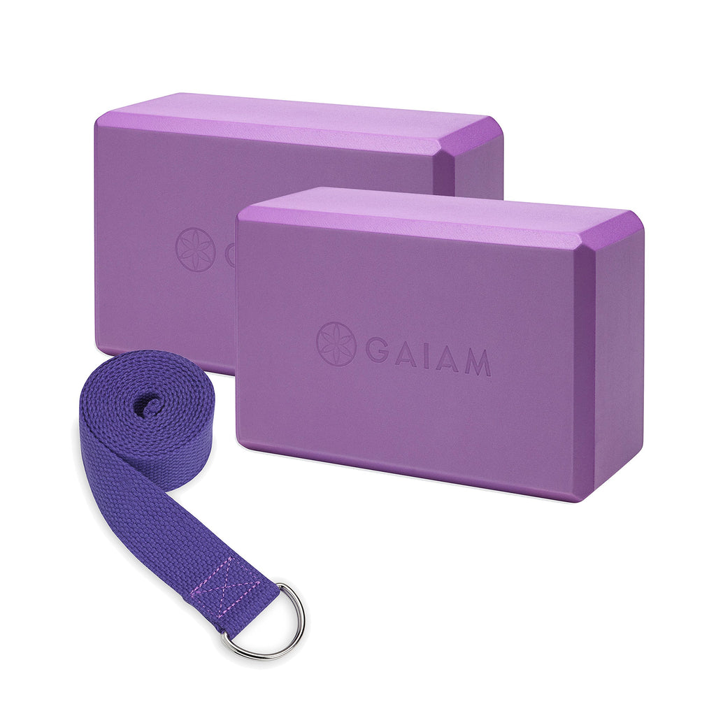 Gaiam Essentials Yoga Block 2 Pack & Yoga Strap Set, Deep Purple, 9'' W X 6'' H X 4'' D