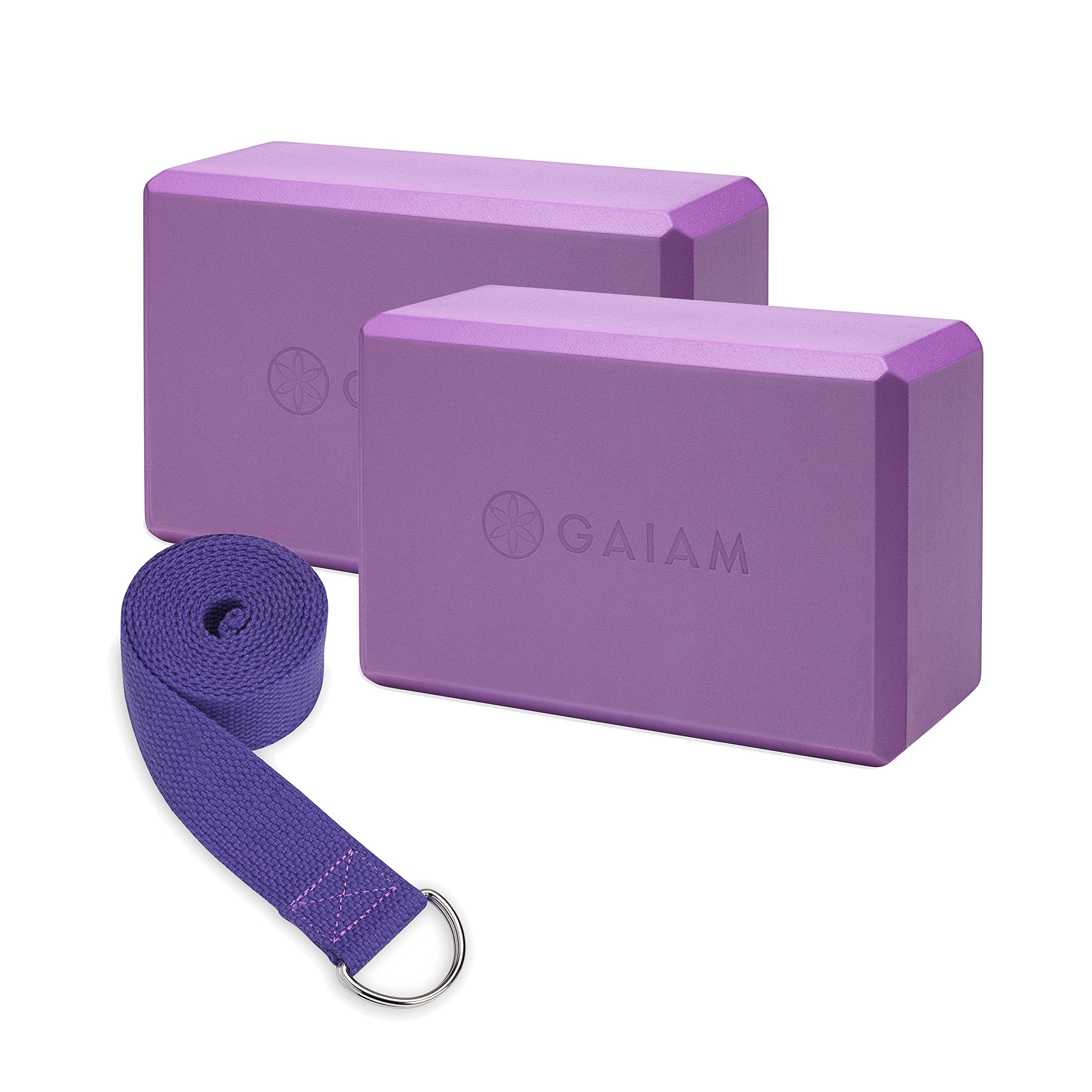 Gaiam Essentials Yoga Block 2 Pack & Yoga Strap Set, Deep Purple, 9'' W X 6'' H X 4'' D
