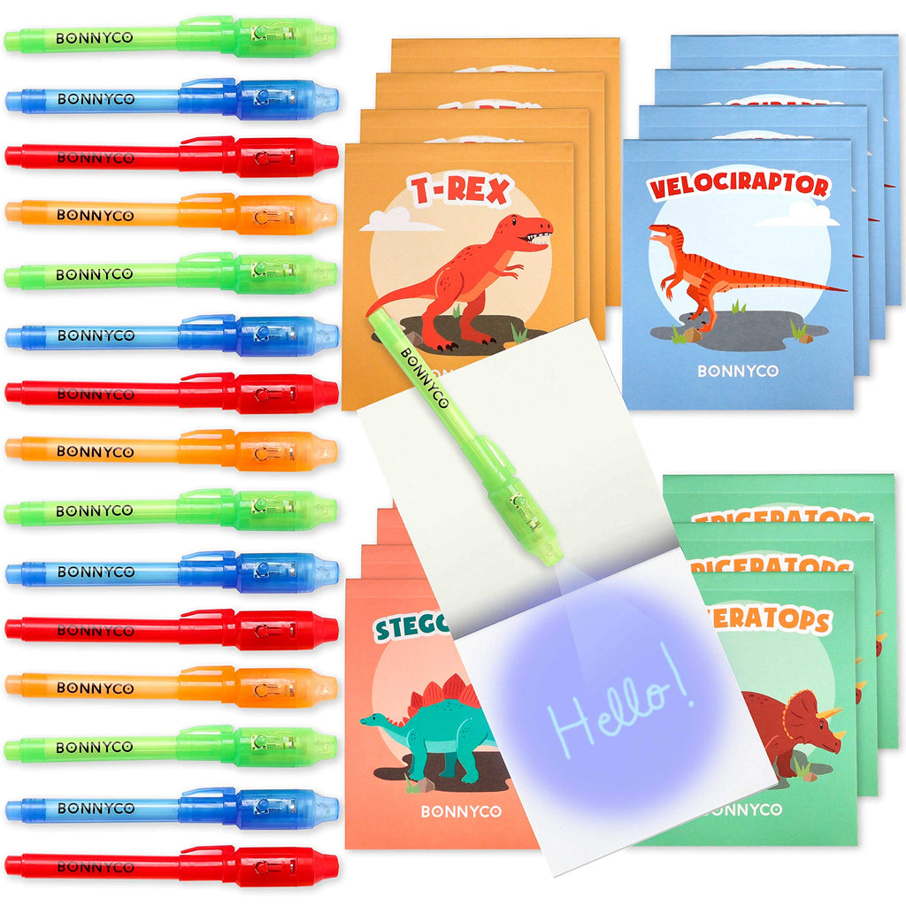 Bonnyco Invisible Ink Pen And Notebook Pack Of 16 Dinosaur Party Favors For Kids  Spy Pen Dinosaur Birthday Party Supplies, Priz